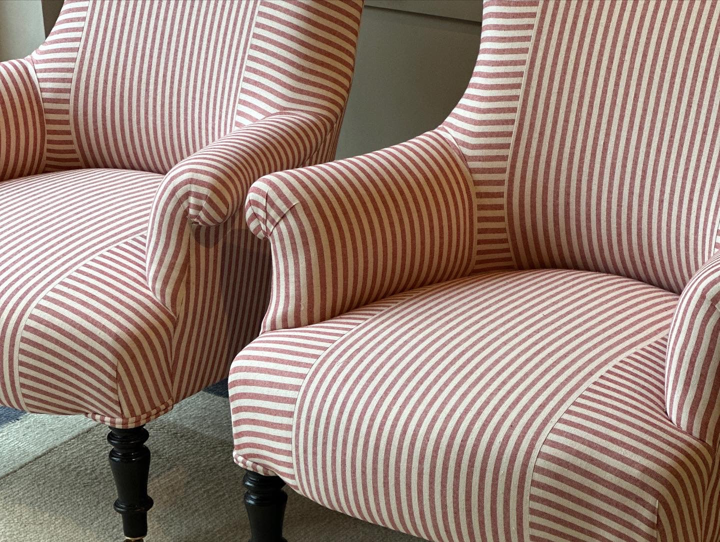 Pair of French Tub Chair in Red & White Ticking