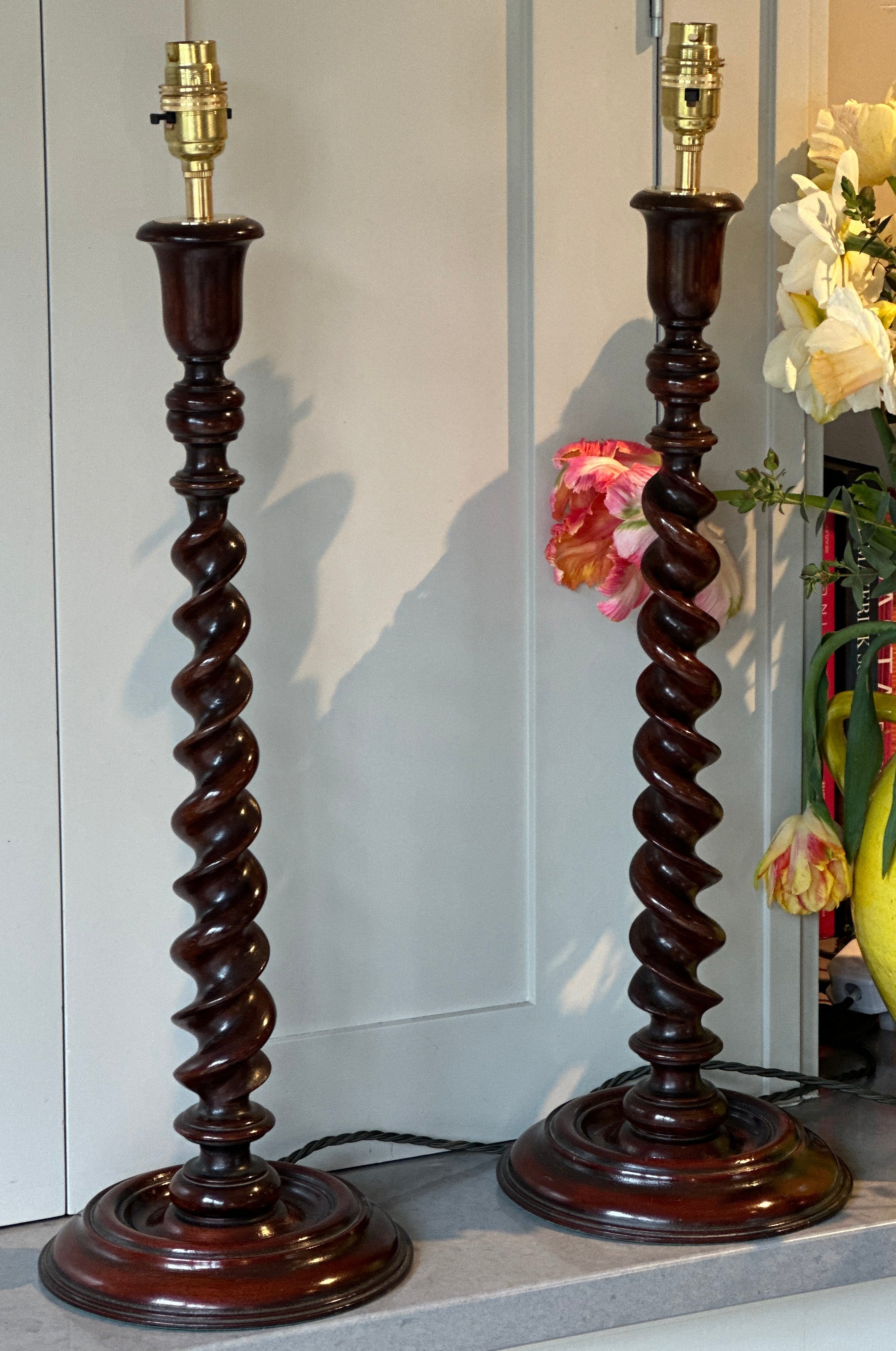 Pair of Tall Elegant Mahogany Barley Twist Lamps