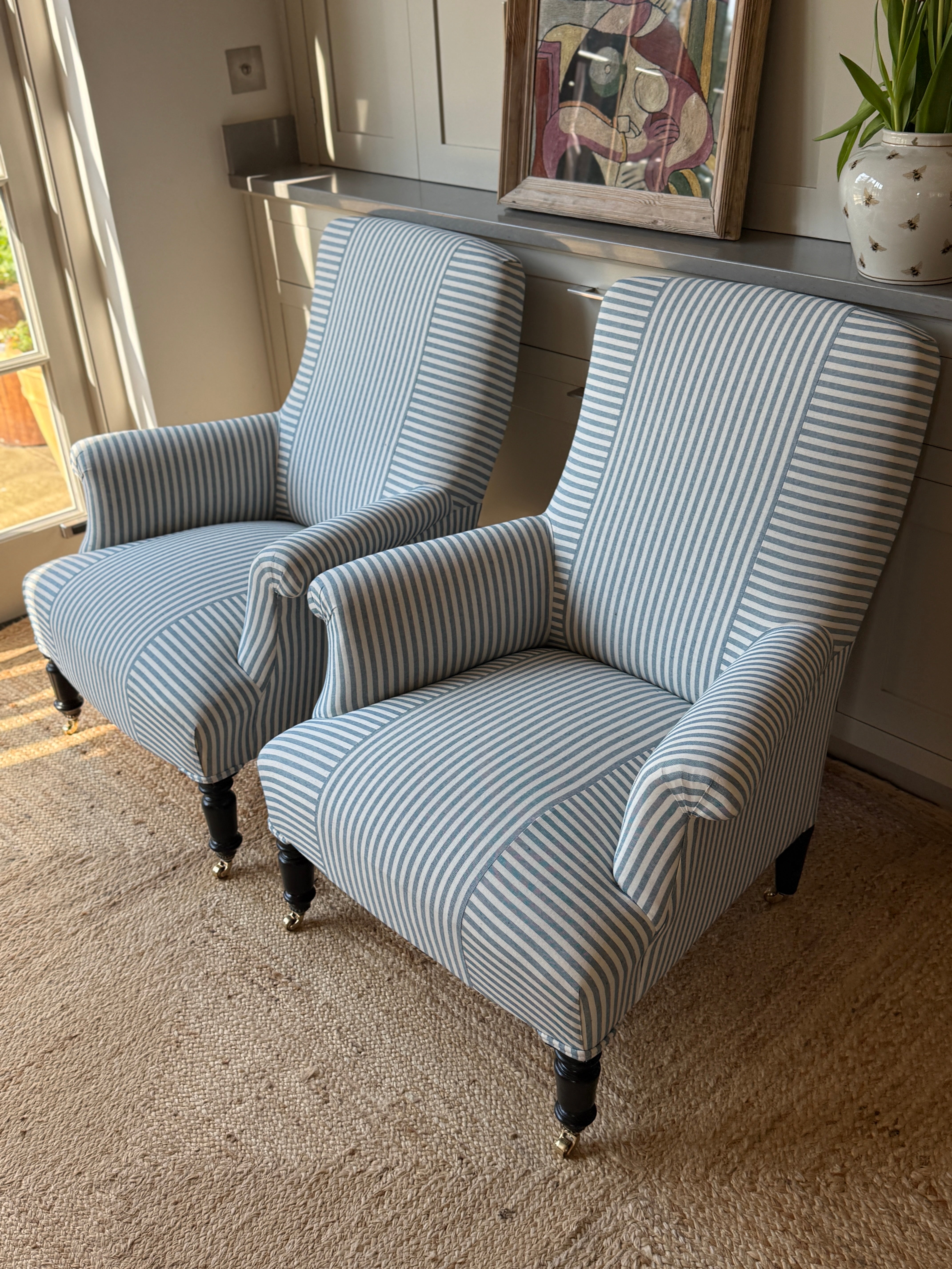 Pair of French Armchairs in Blue & White Ticking with Criss Cross Design