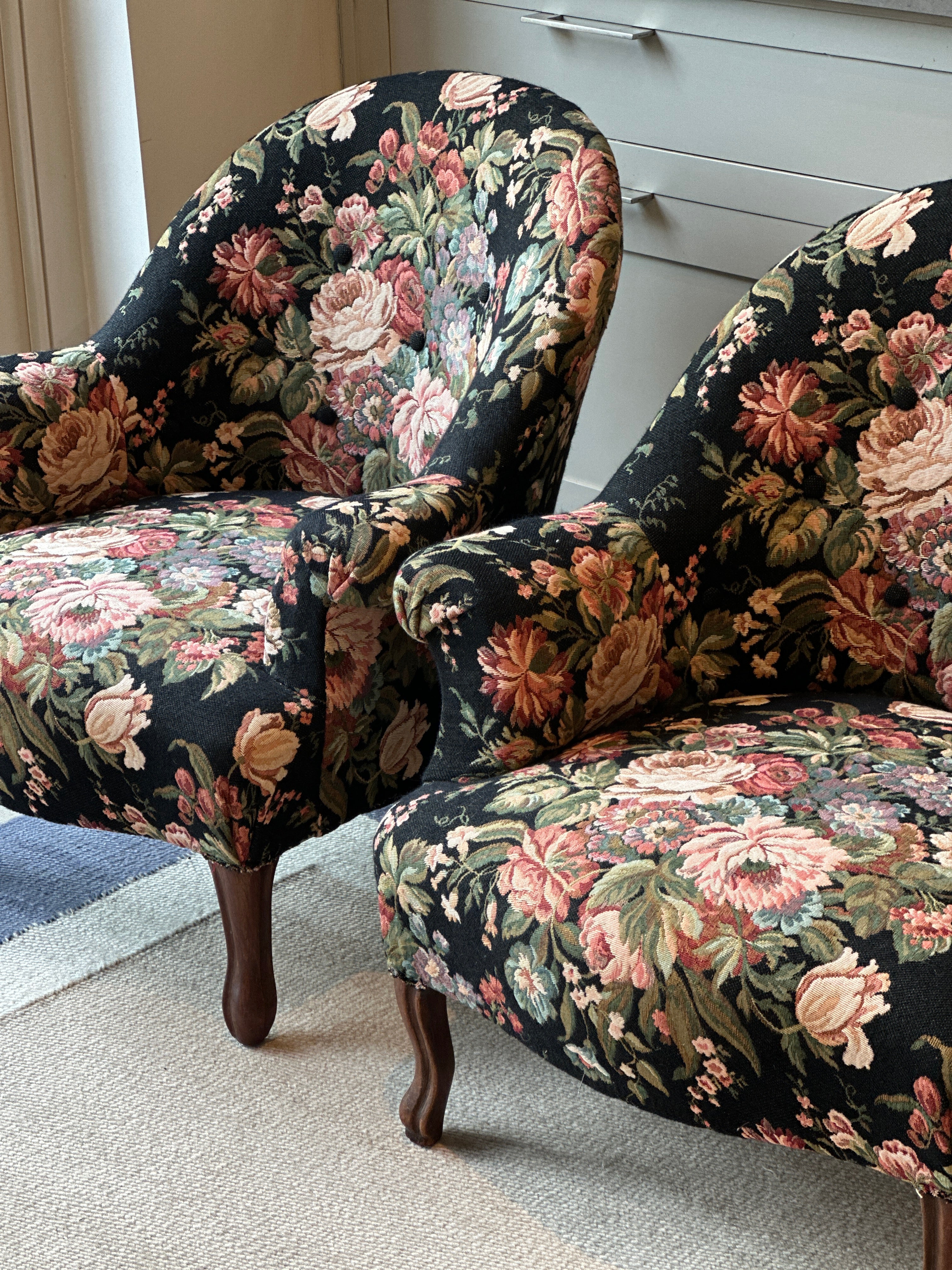 Pair of French 🇫🇷 Tub Chairs with original black floral tapestry fabric.