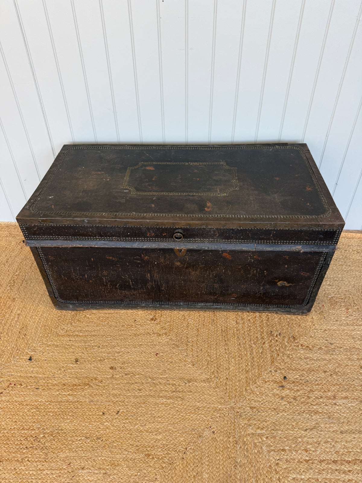 Antique Leather and Brass Studded Camphor Wood Trunk
