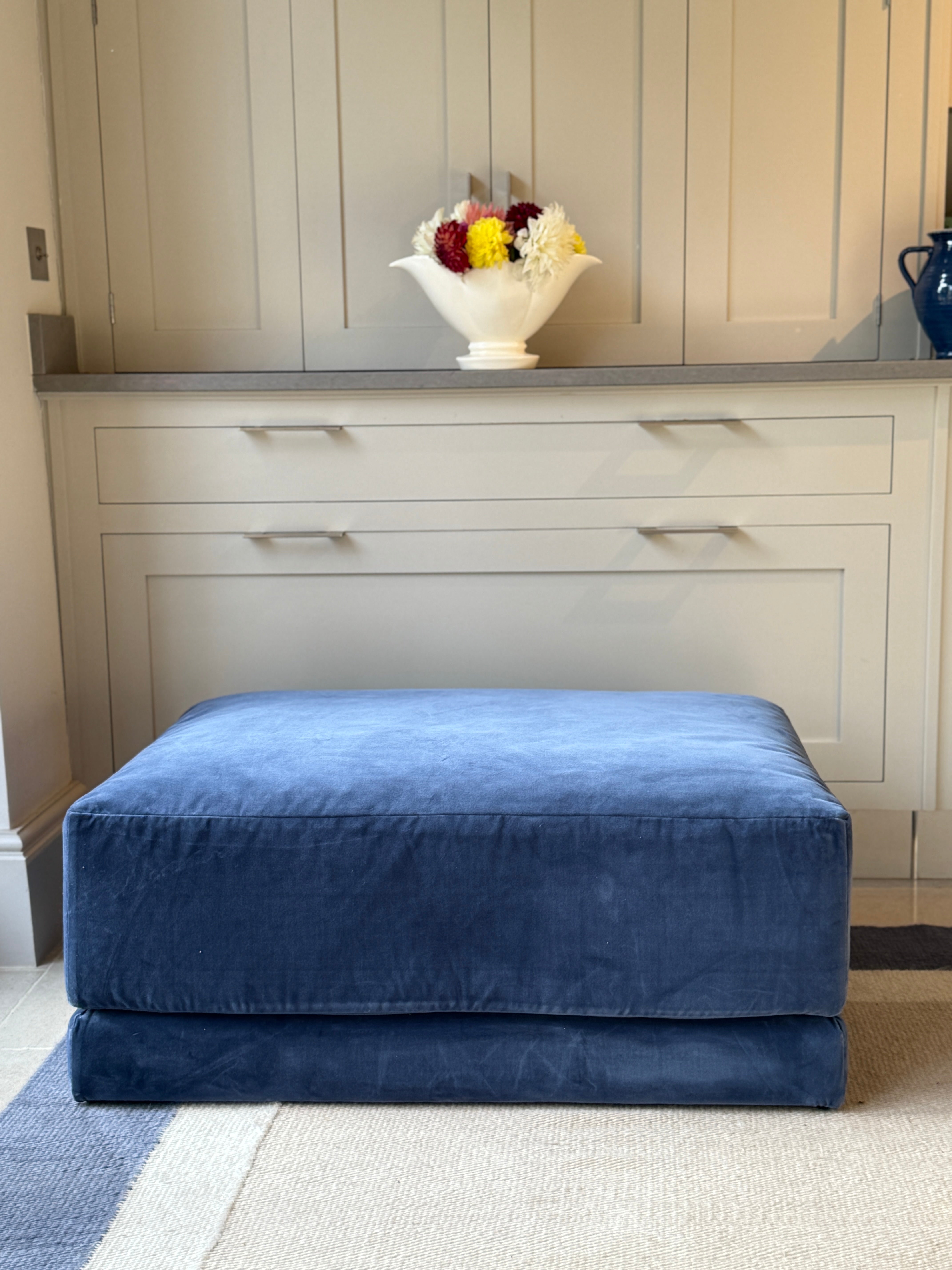 Navy Velvet Modern Ottoman