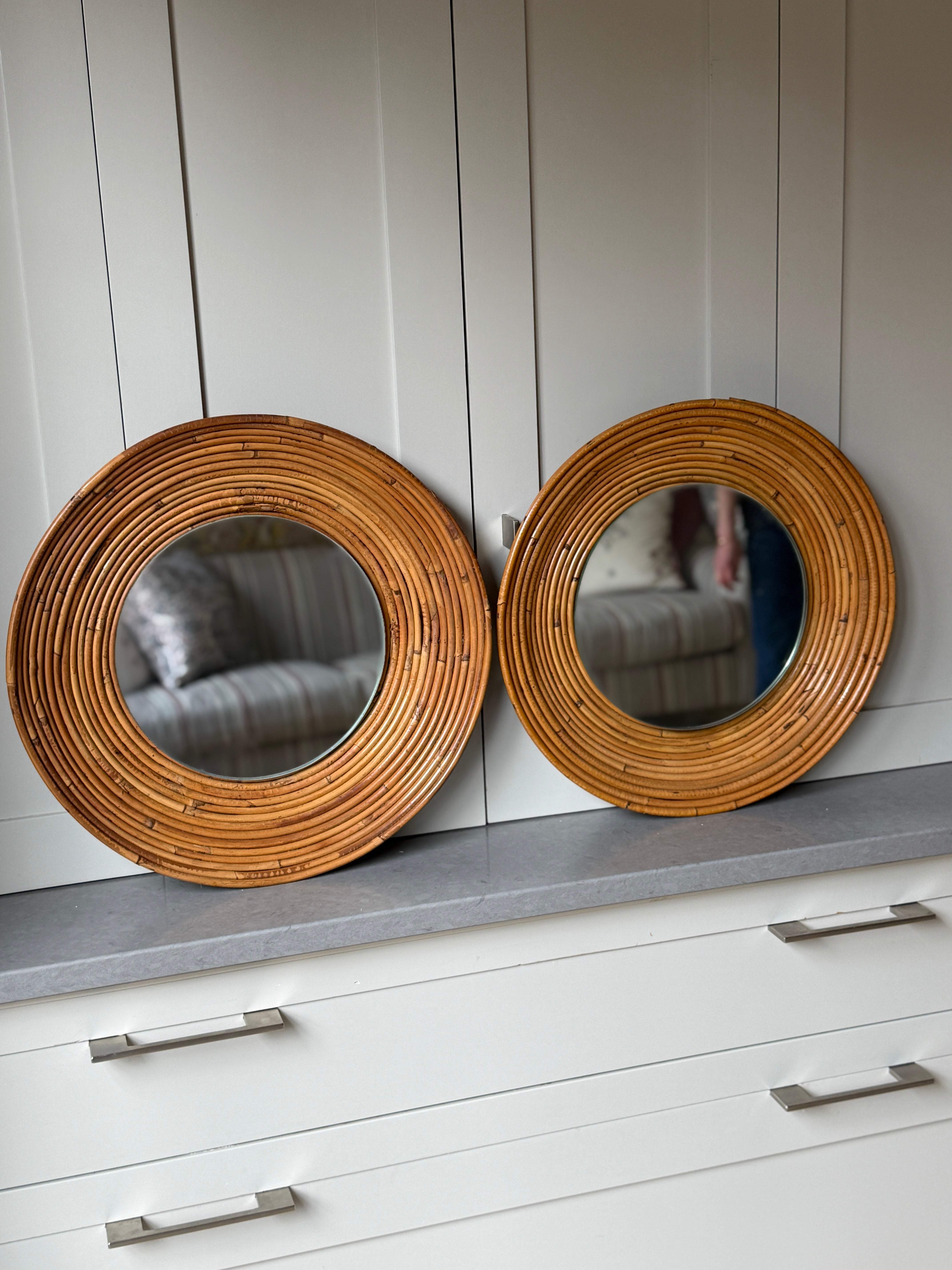 Pair of Round Rattan Mirrors - Italian 1960s