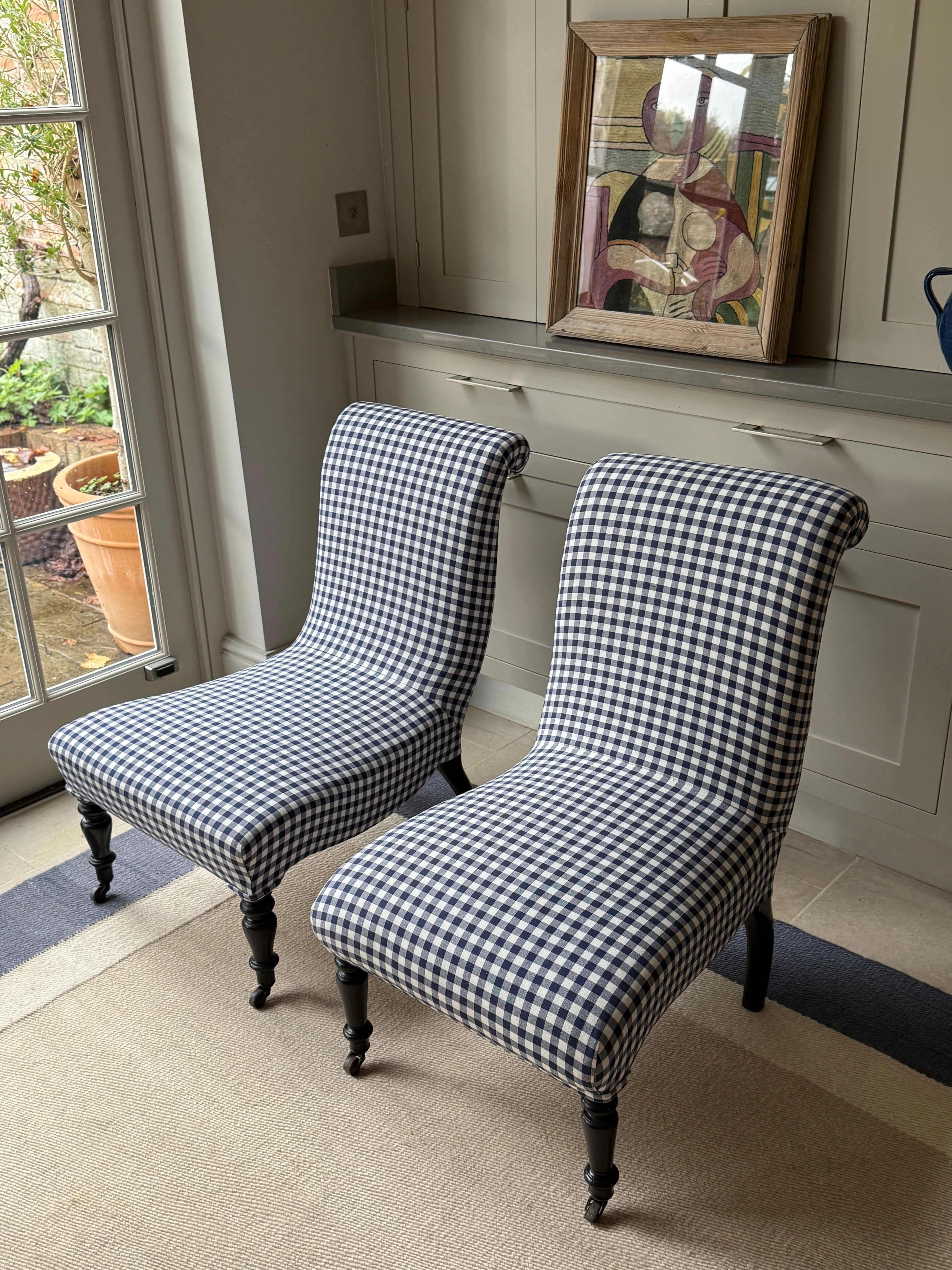 Pair of Non Identical Scroll back Slipper Chairs in Navy Gingham
