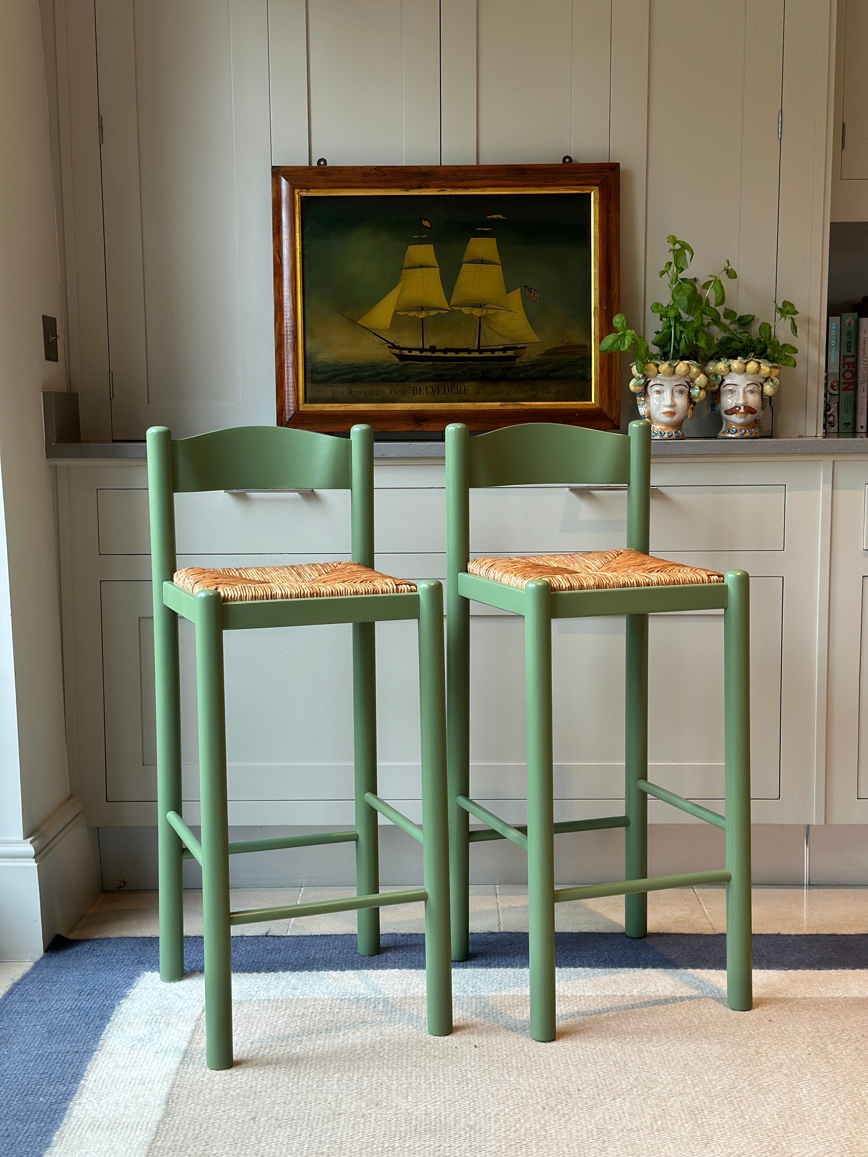 Pair of Rush Seat Wooden Barstools in F&B Calke Green