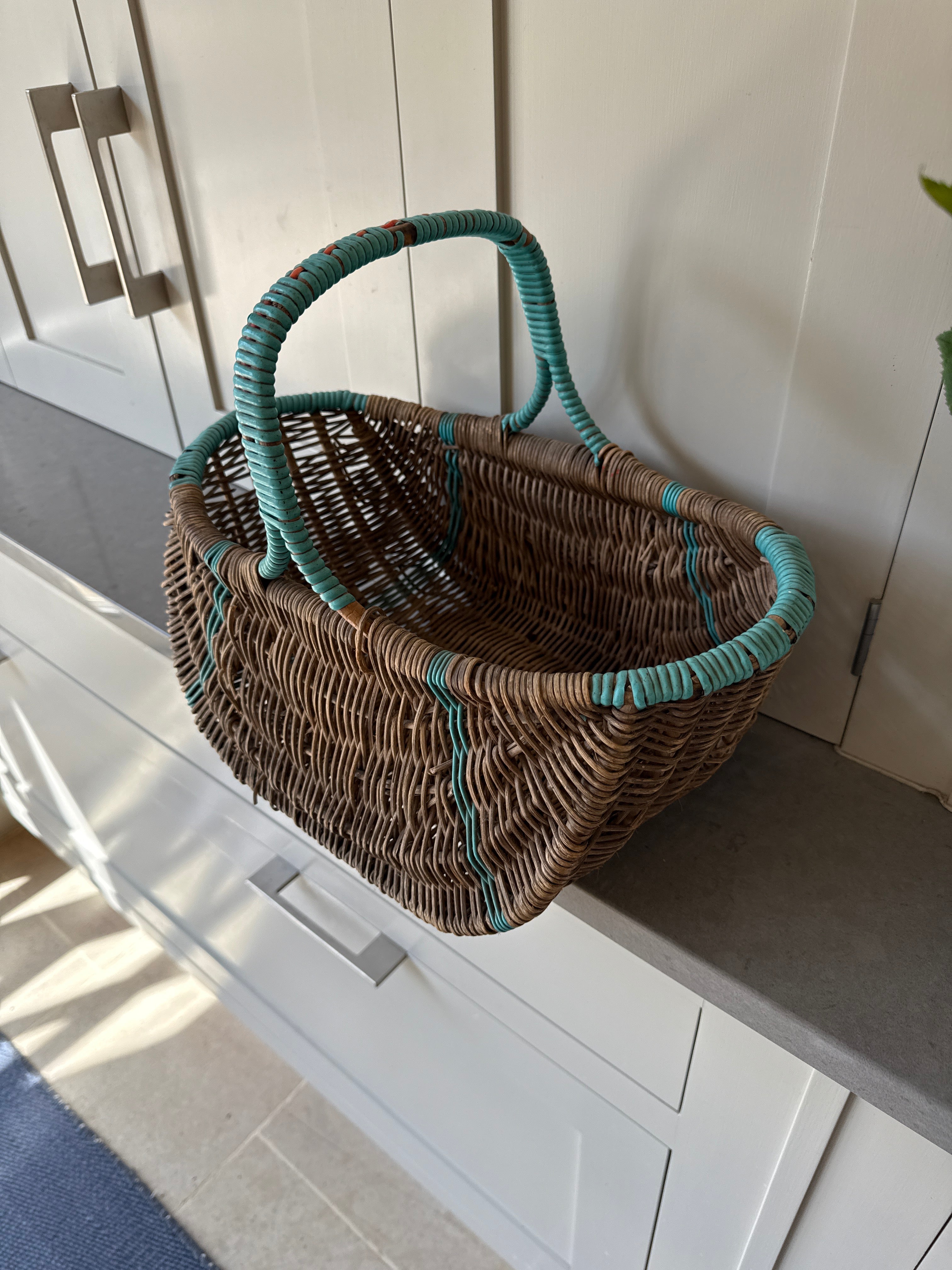 Vintage Wicker Basket with Green Accent