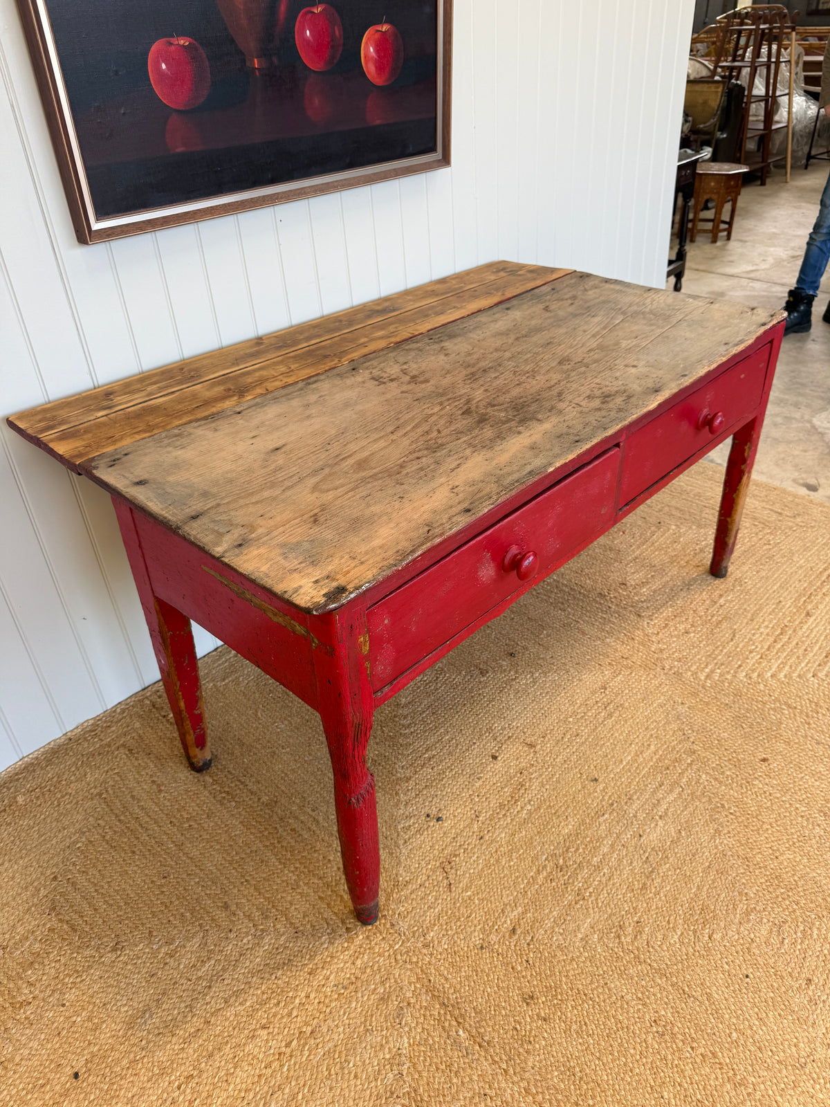 Antique Painted Pine Prep Table with Red Paint