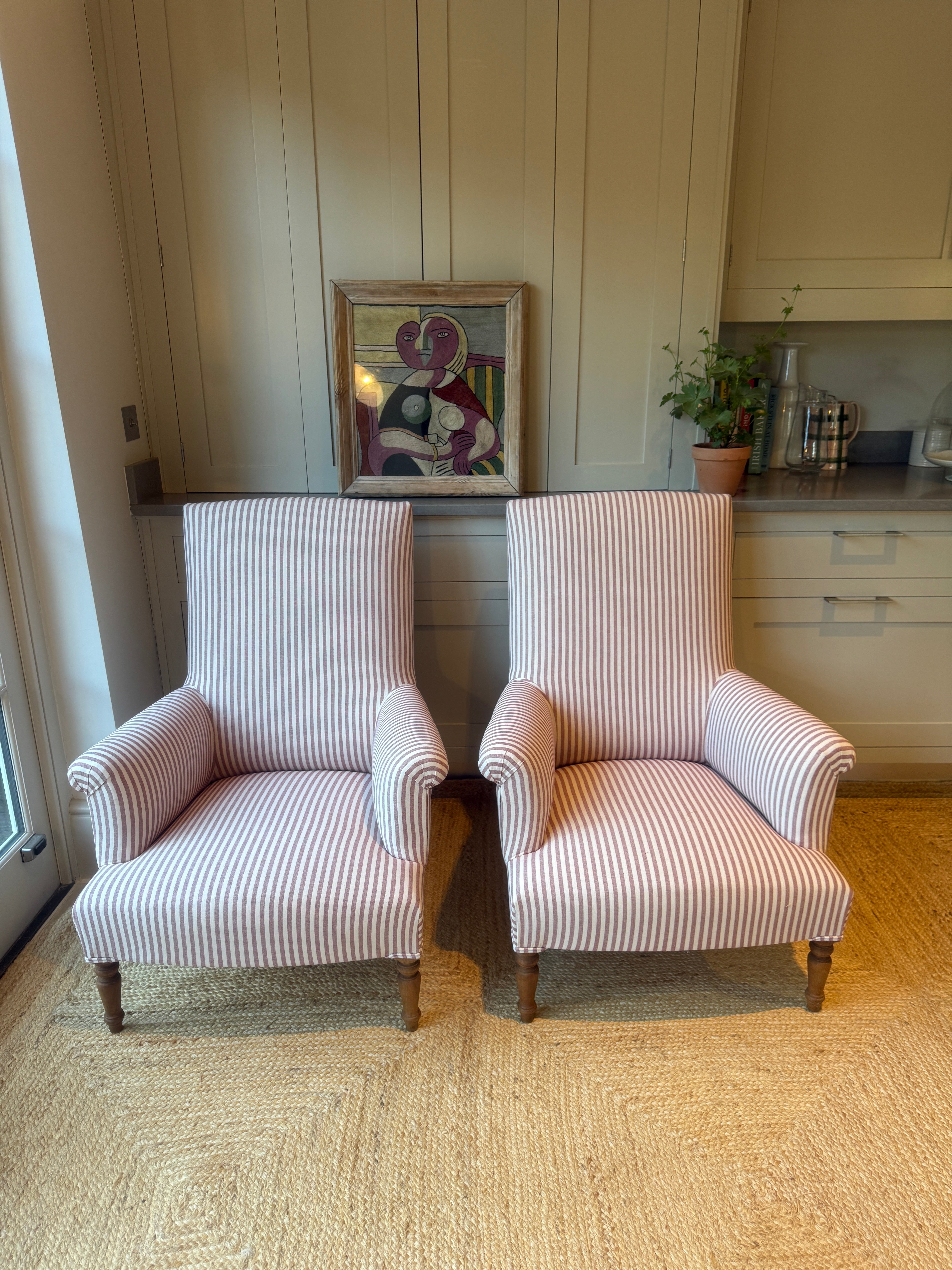 Large Pair of French Armchairs in red and white ticking