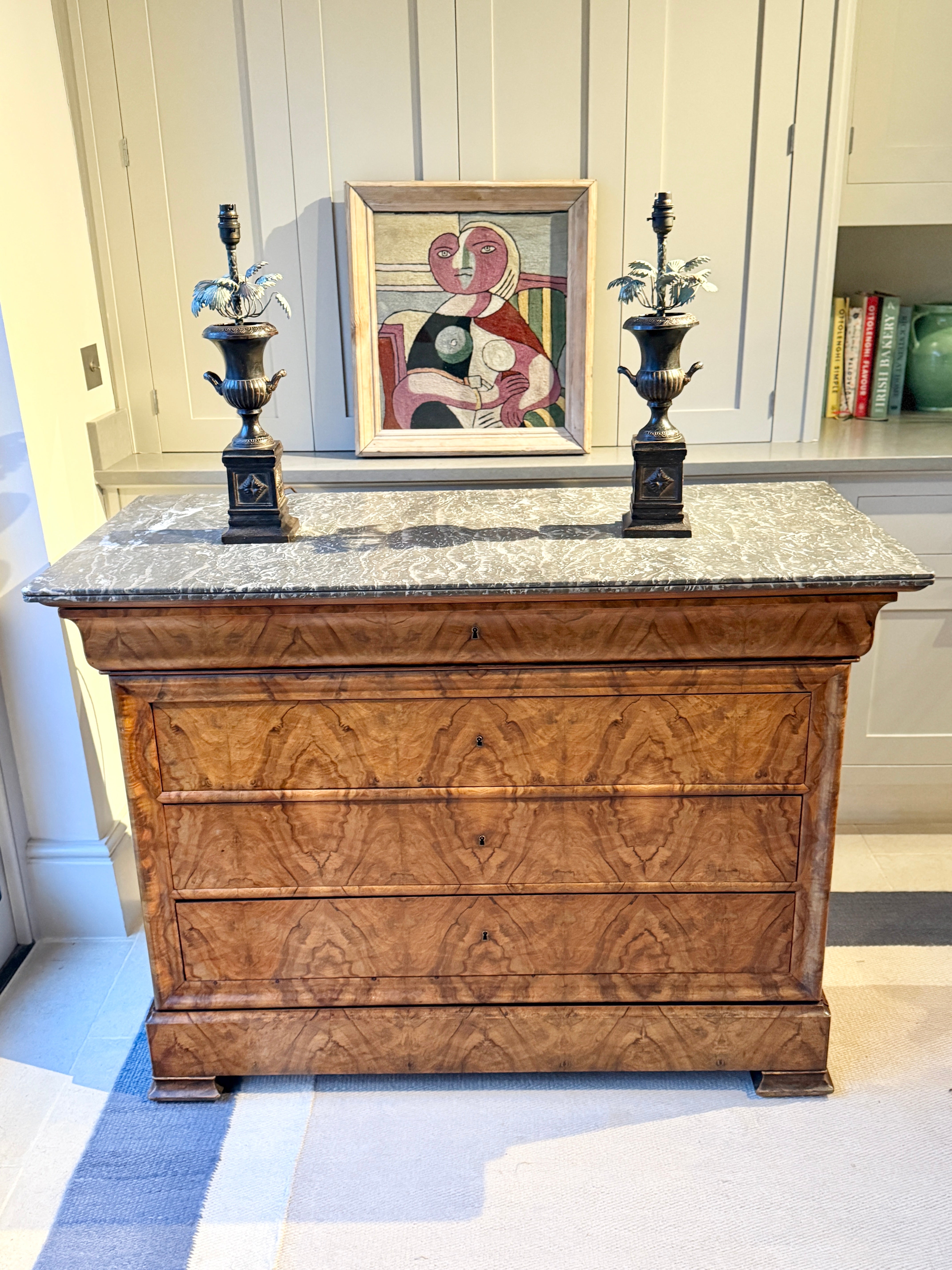 French Louis-Philippe walnut commode with grey marble top, circa 1835–1848