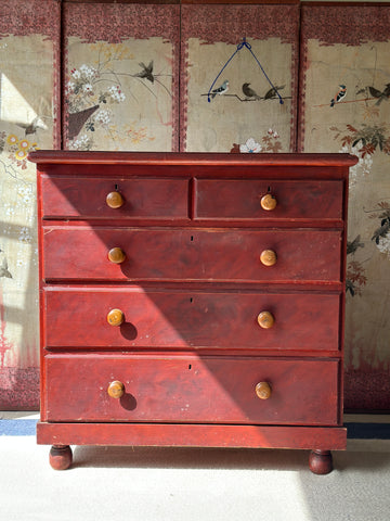 Antique Painted Pine Chest of Drawers in a dark red