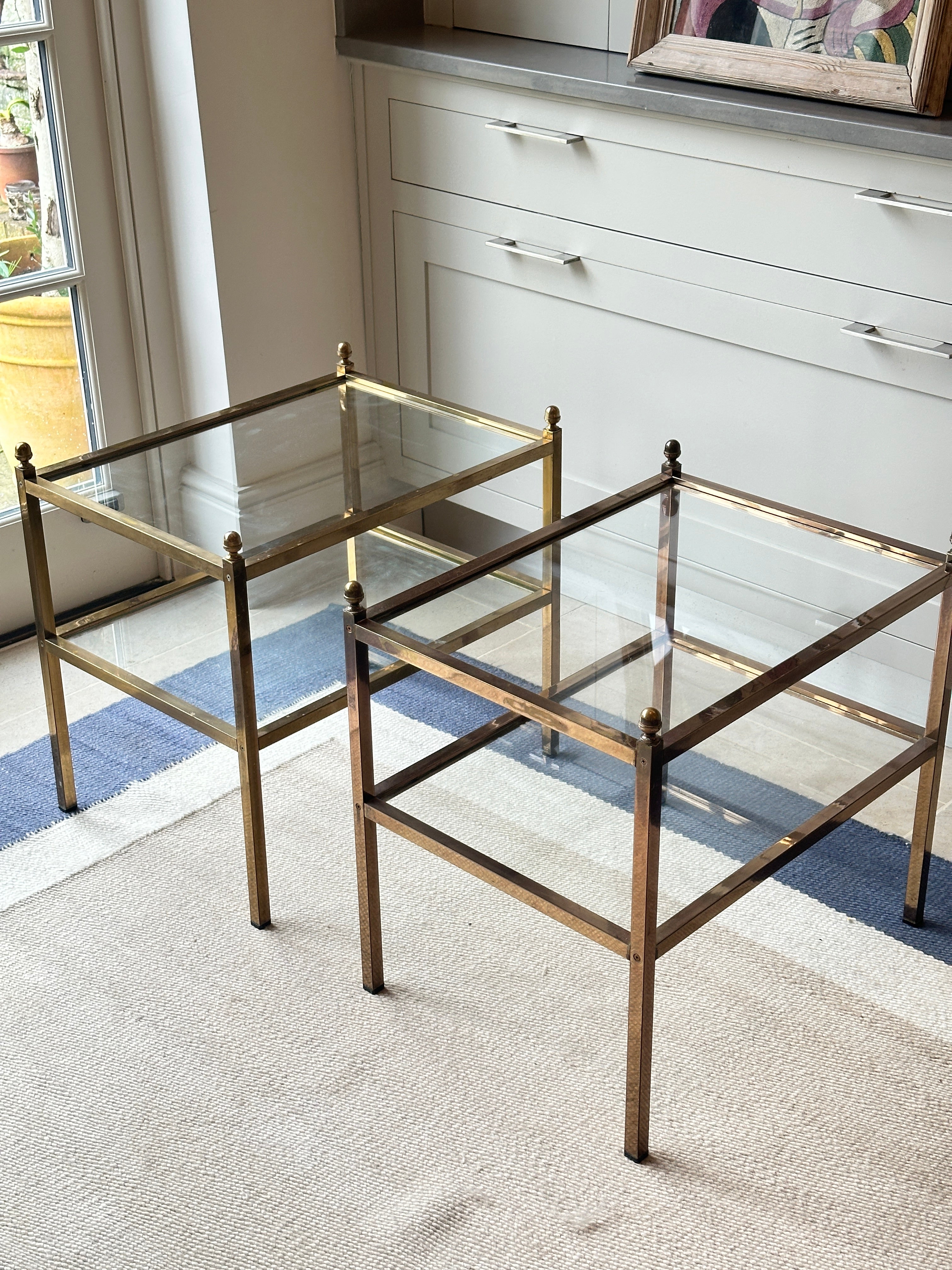 Pair of Danish Mid Century Brass and Glass Side Tables