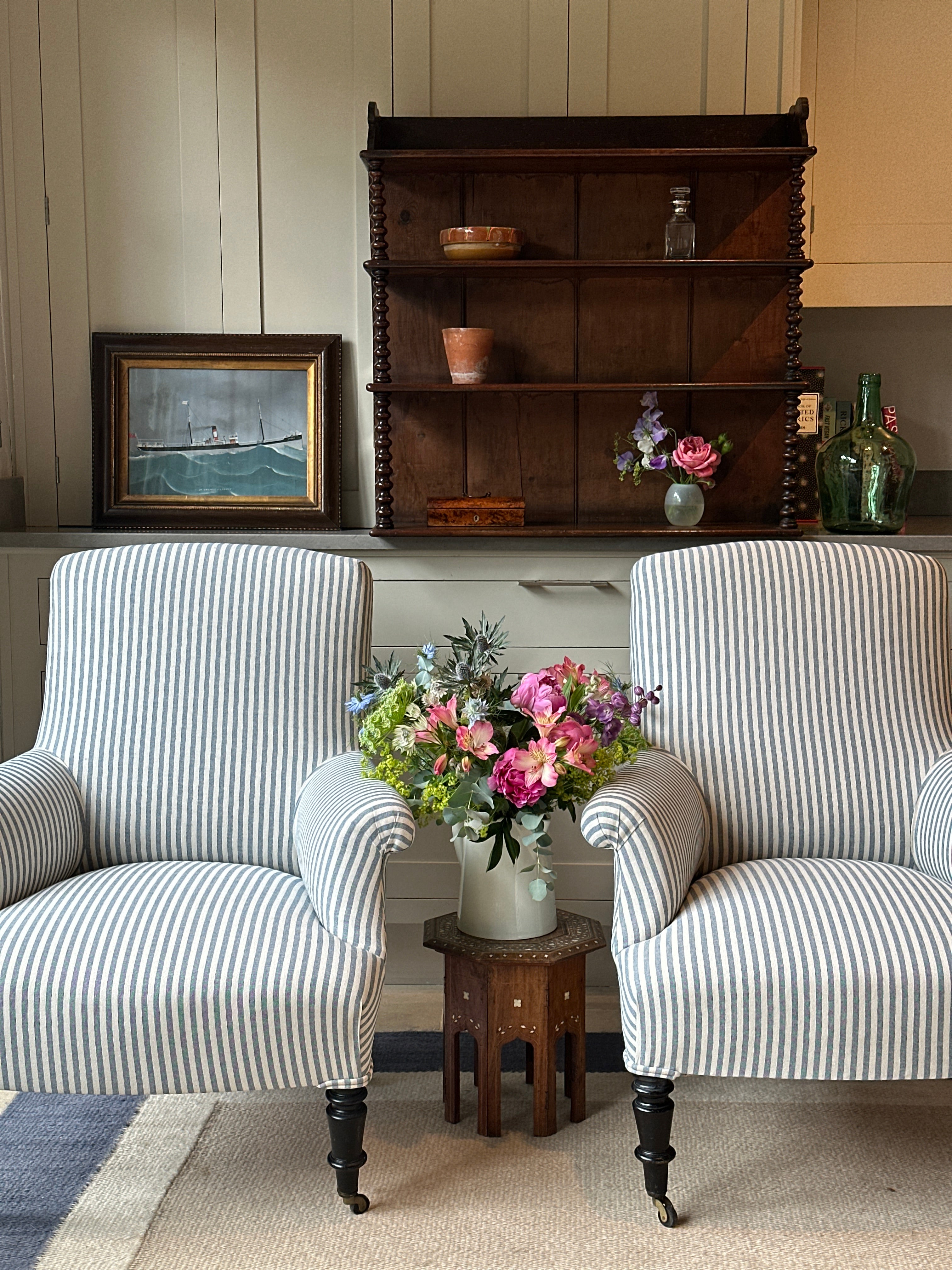 Sold Pair of Square Back French chairs in blue ticking