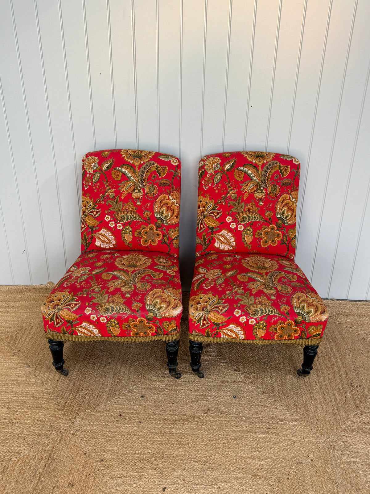 Pair of Large Solid Slipper Chairs in Red Floral Fabric