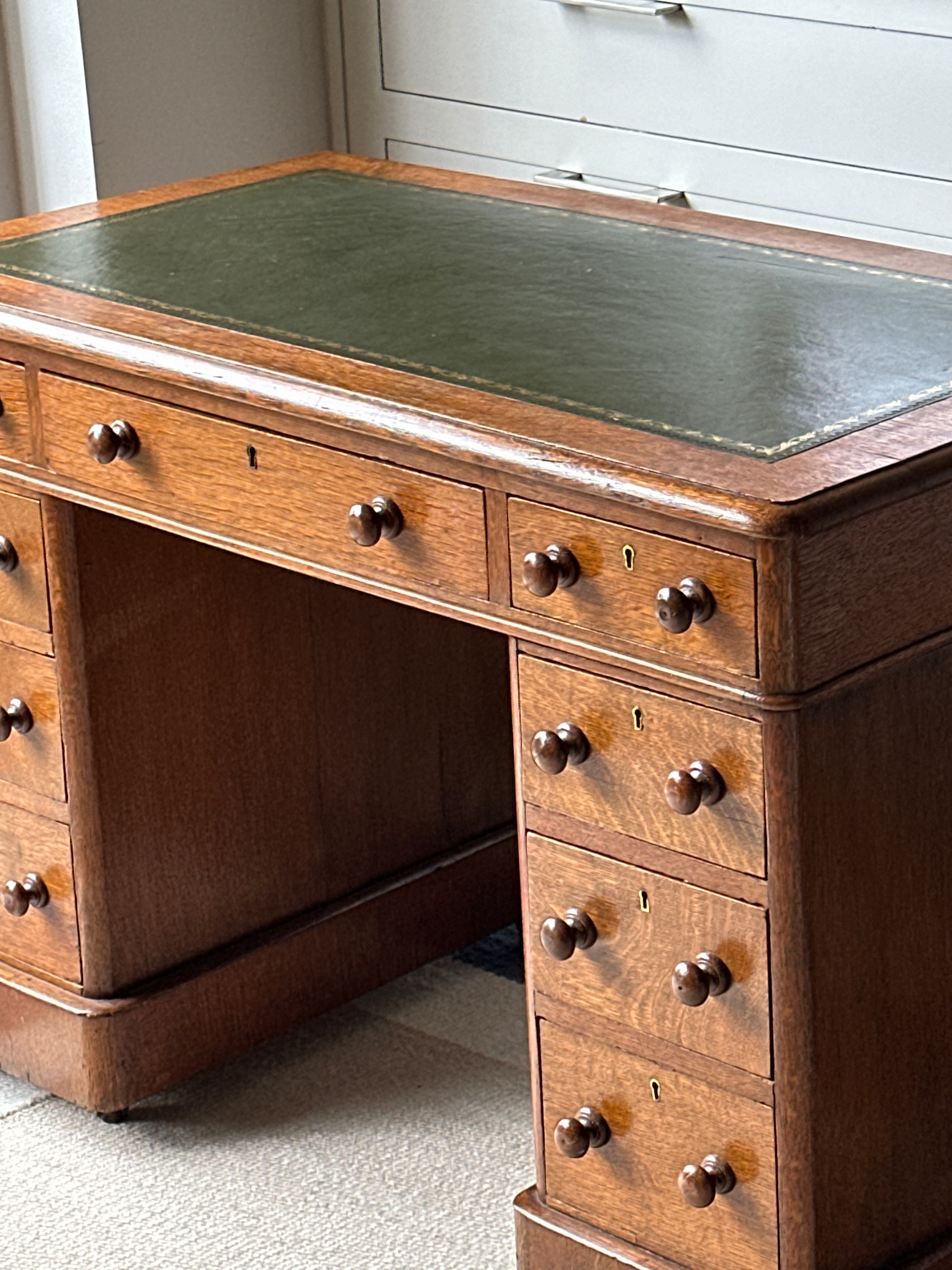 Charming Small Oak Desk with Green Leather Top