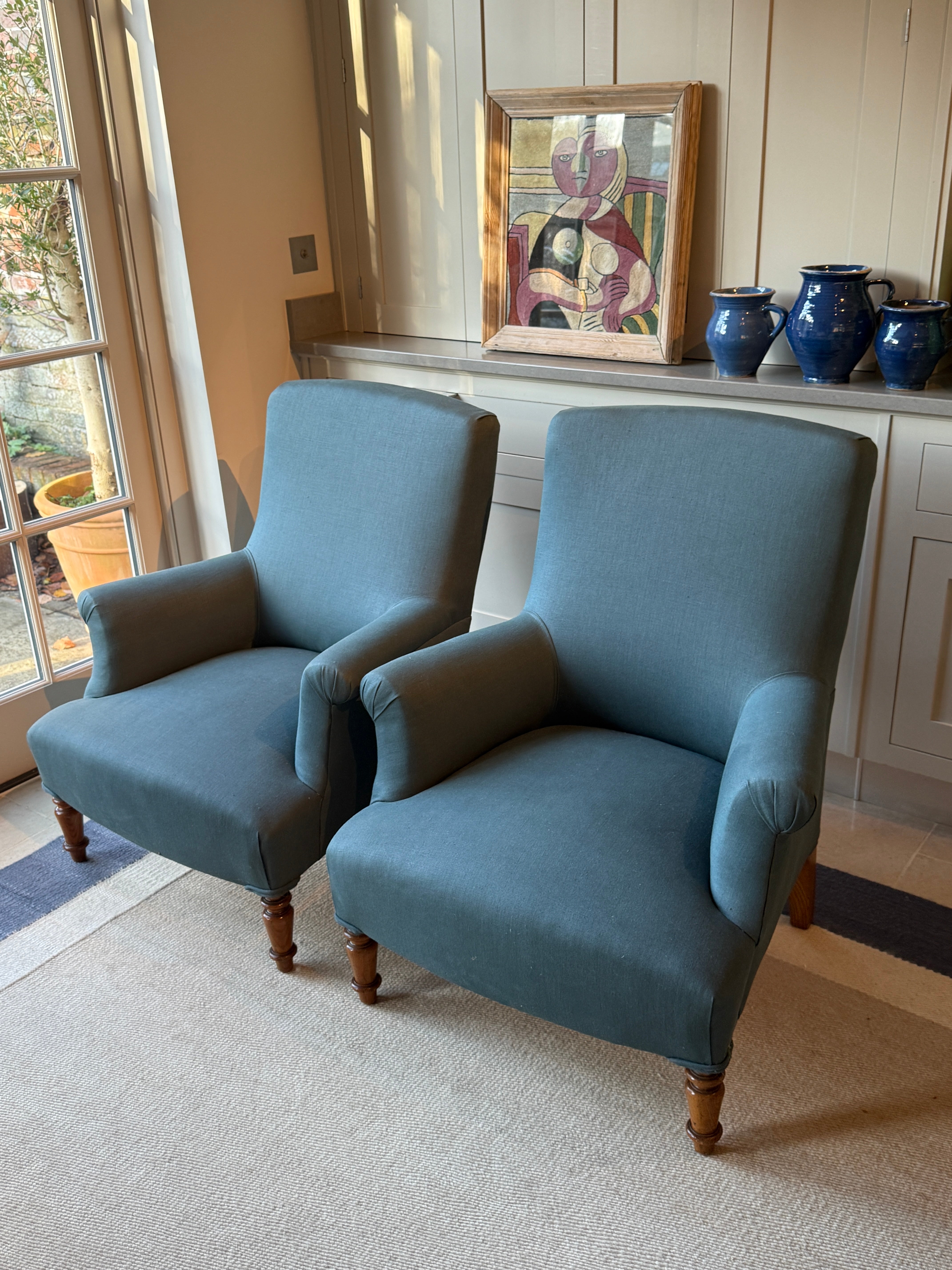 Pair of Armchairs in an RAF blue linen