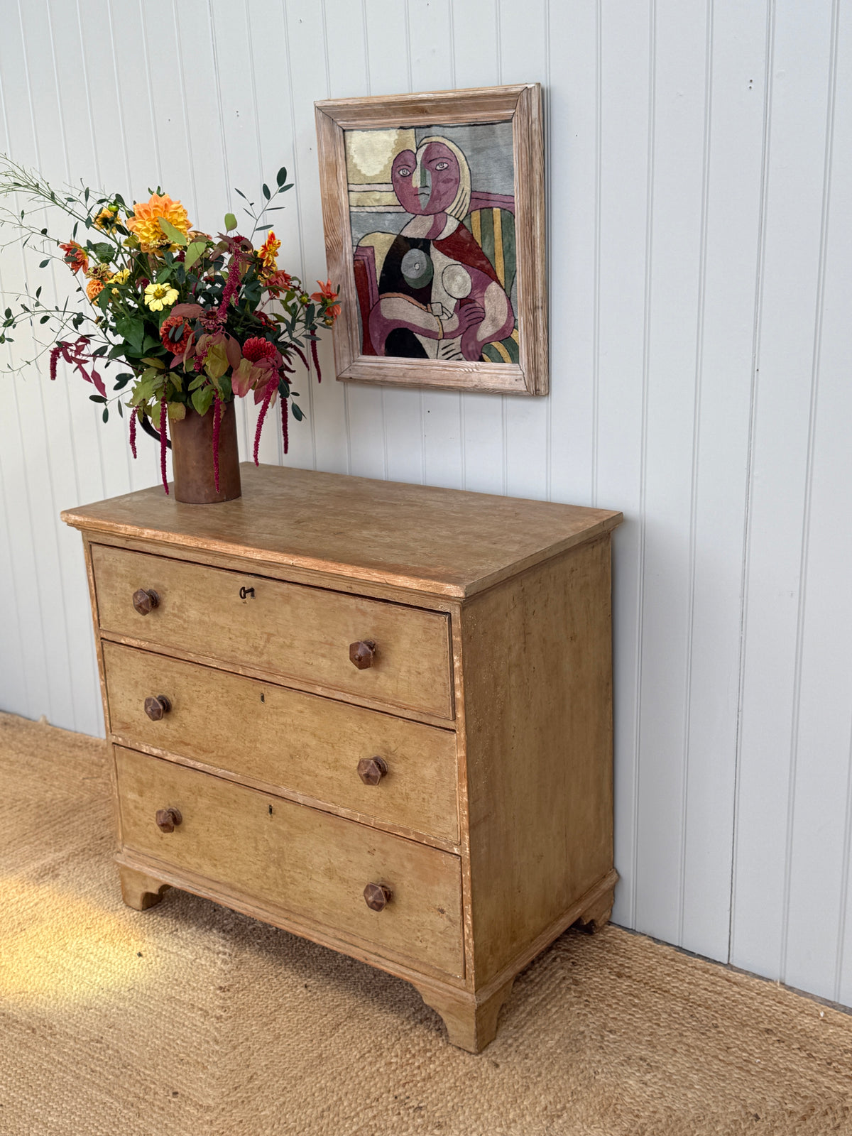19th Century English Pine Chest in Faded Ochre Finish