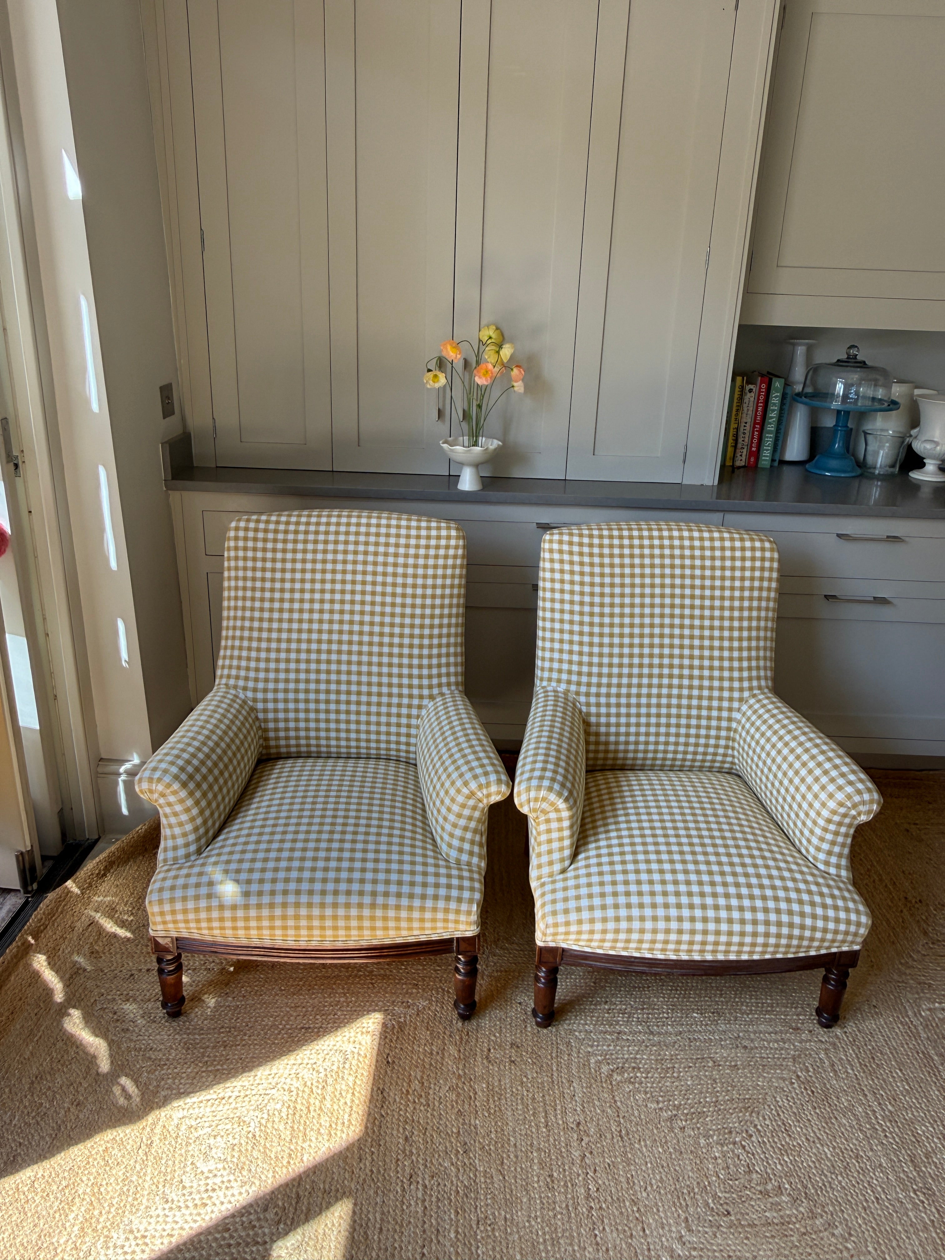 A Pair of Napoleon III Armchairs, Reupholstered in Yellow Gingham