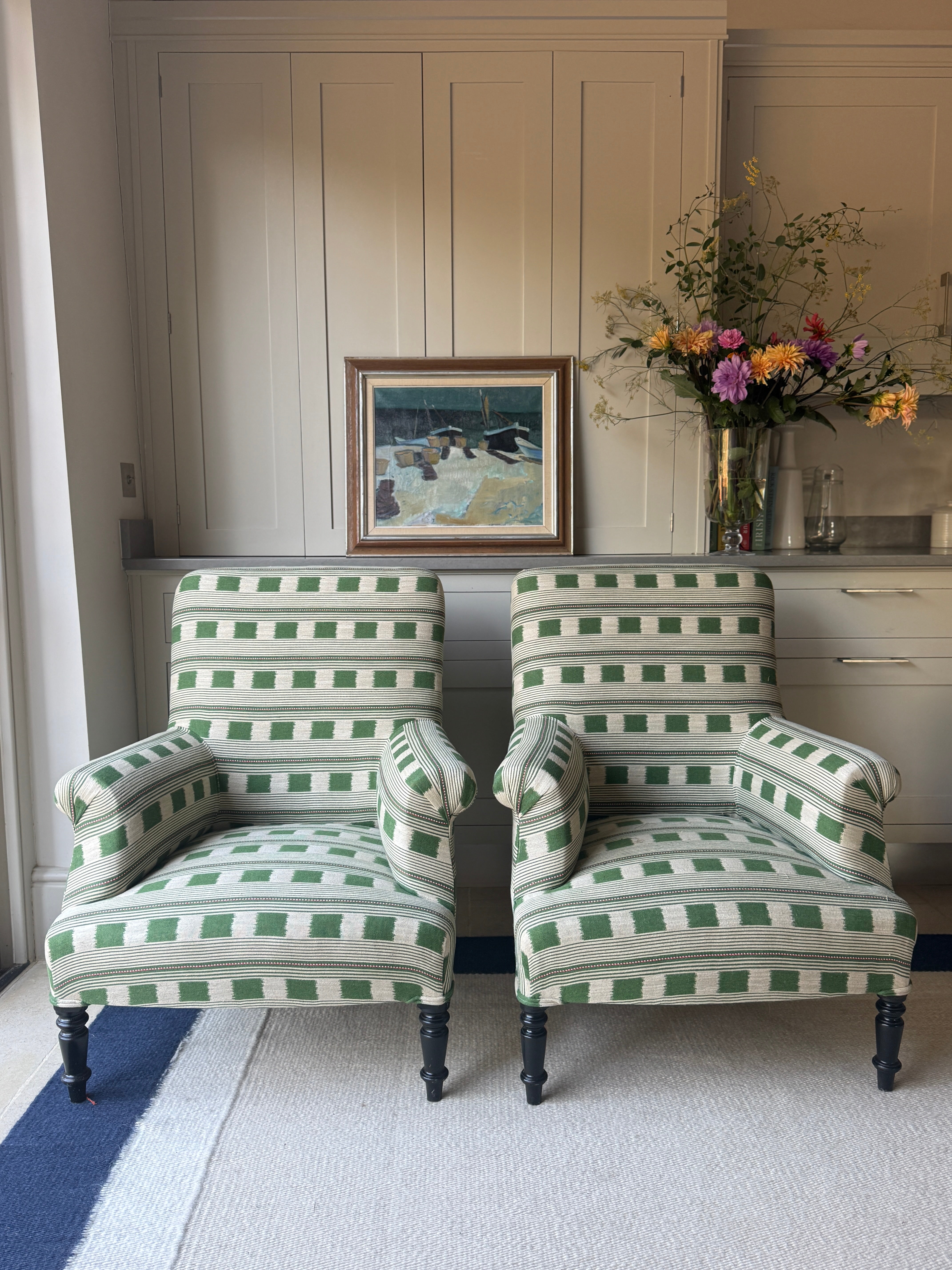 Pair of French Squareback Armchairs in Christopher Farr - Lost and Found