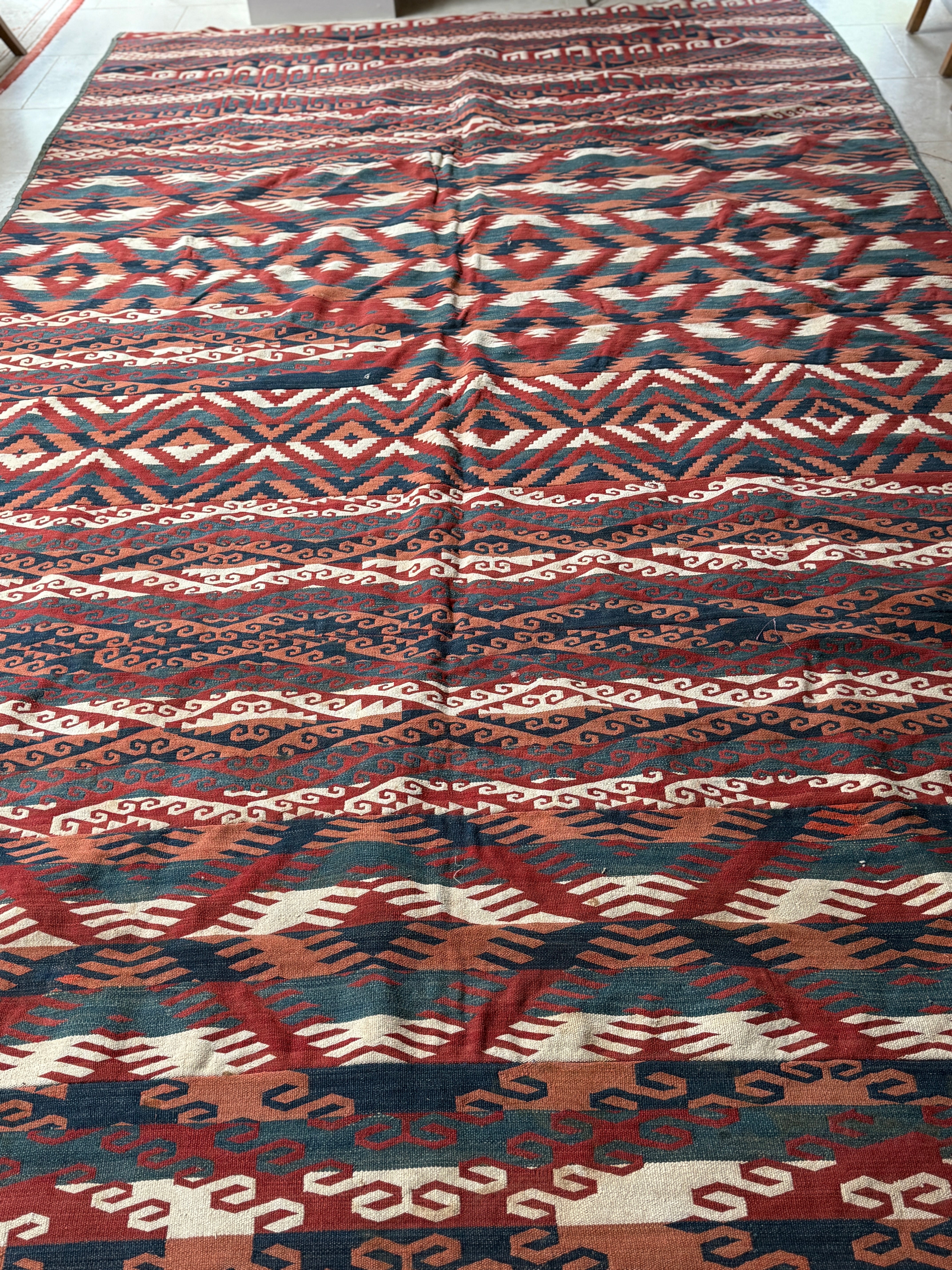 Large Polychrome Uzbek Flatweave Rug with geometric patterns