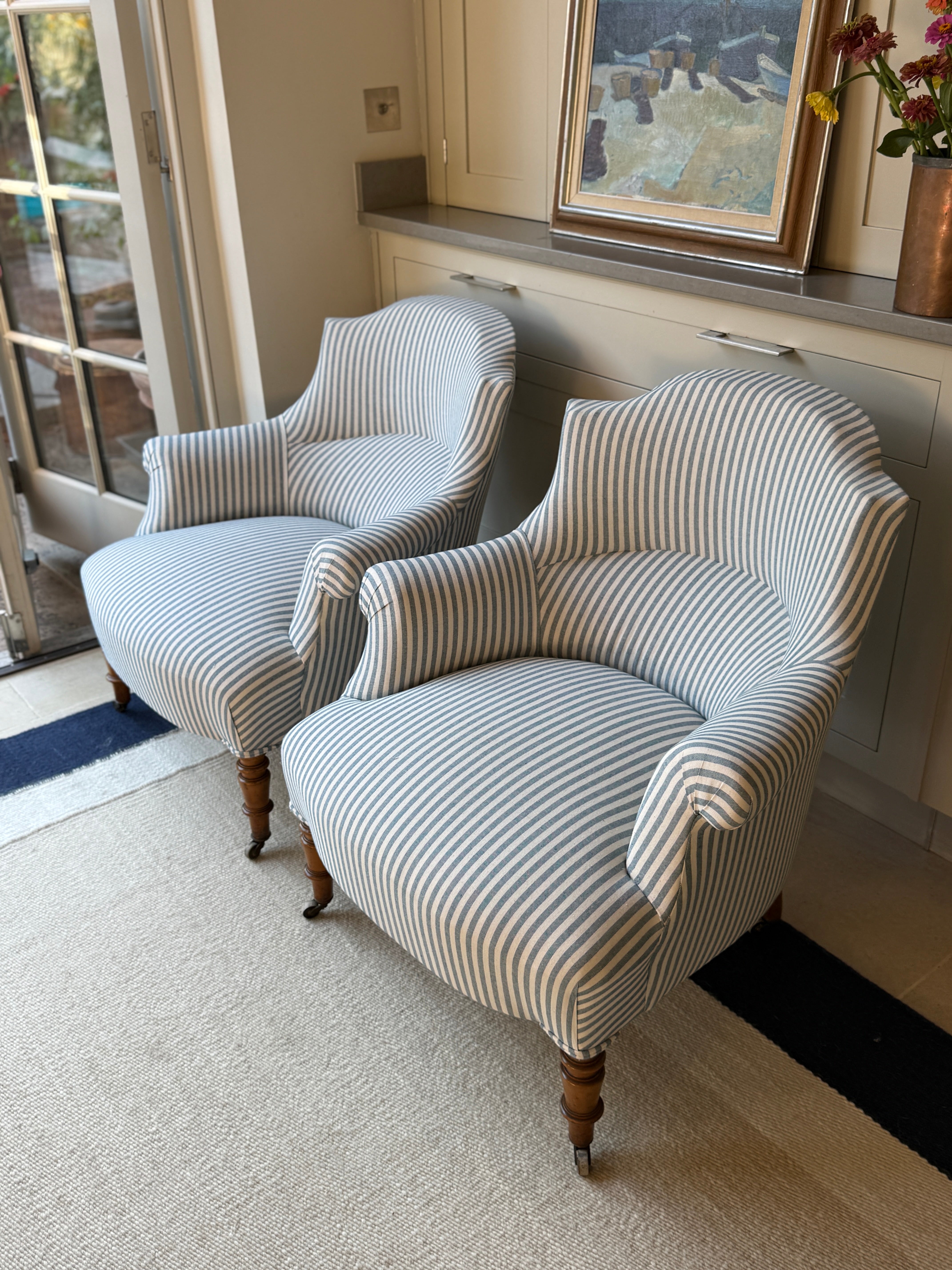 Pair of French Tub Chairs in Blue Ticking