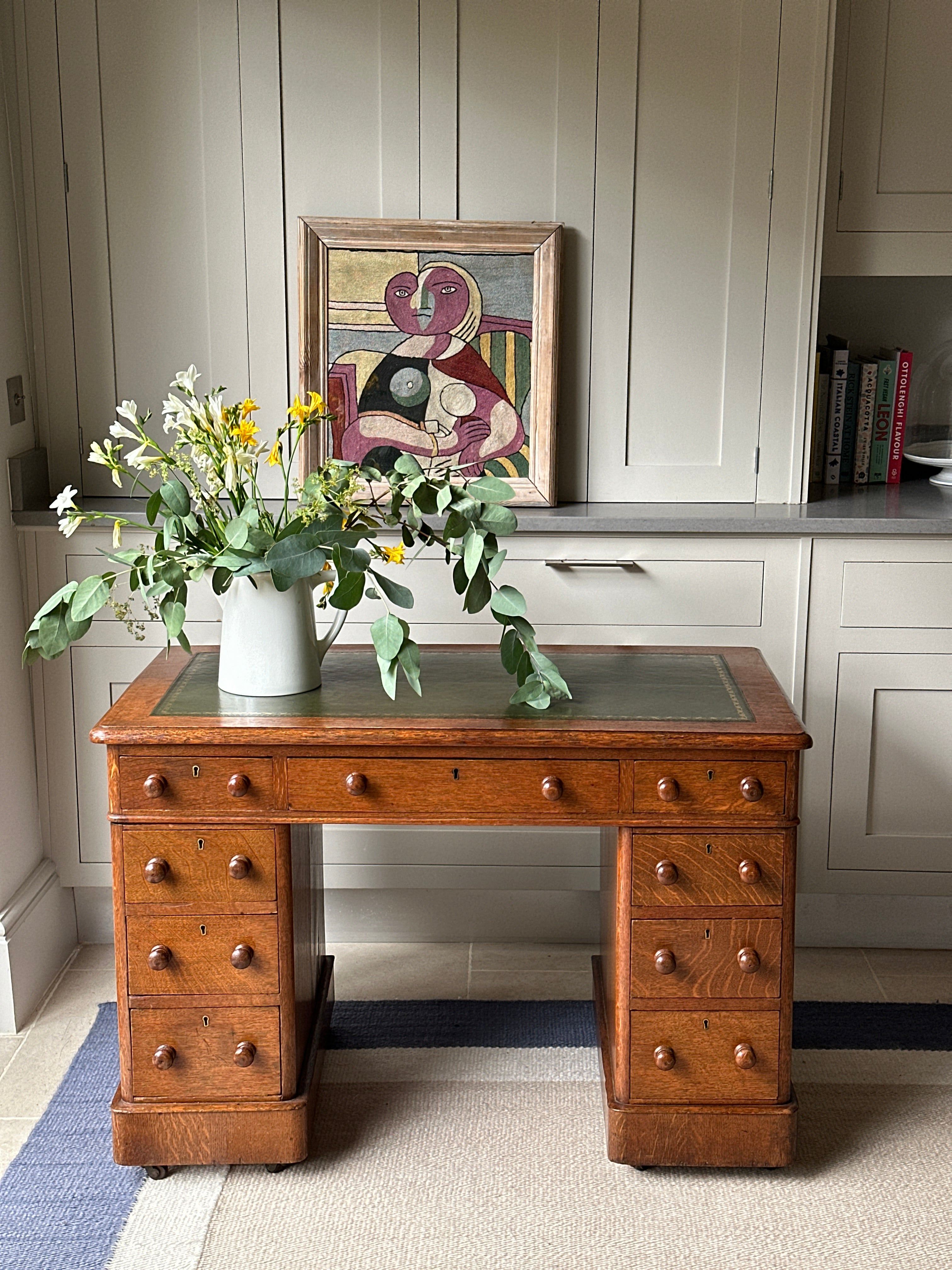 Charming Small Oak Desk with Green Leather Top