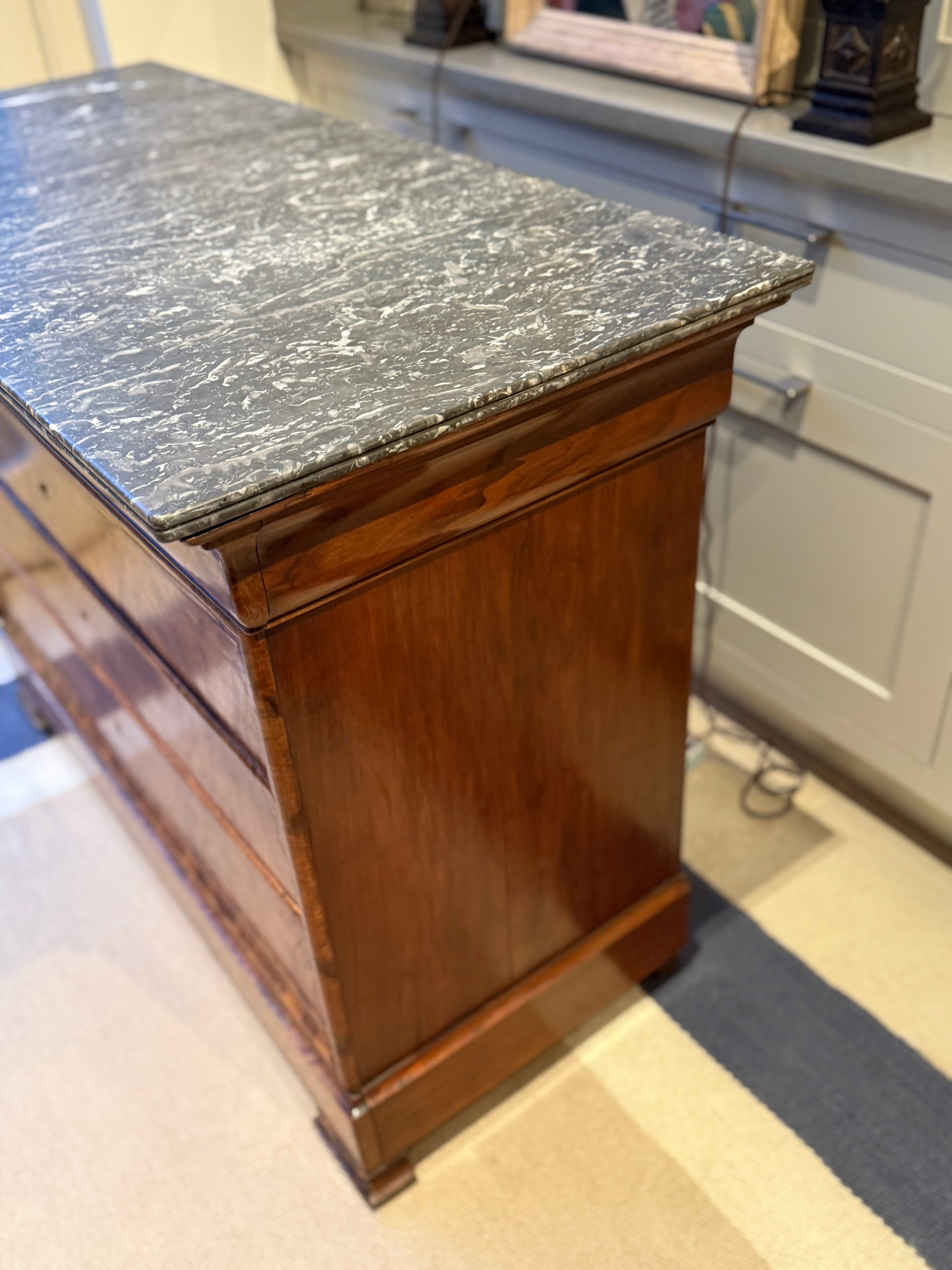 French Louis-Philippe walnut commode with grey marble top, circa 1835–1848
