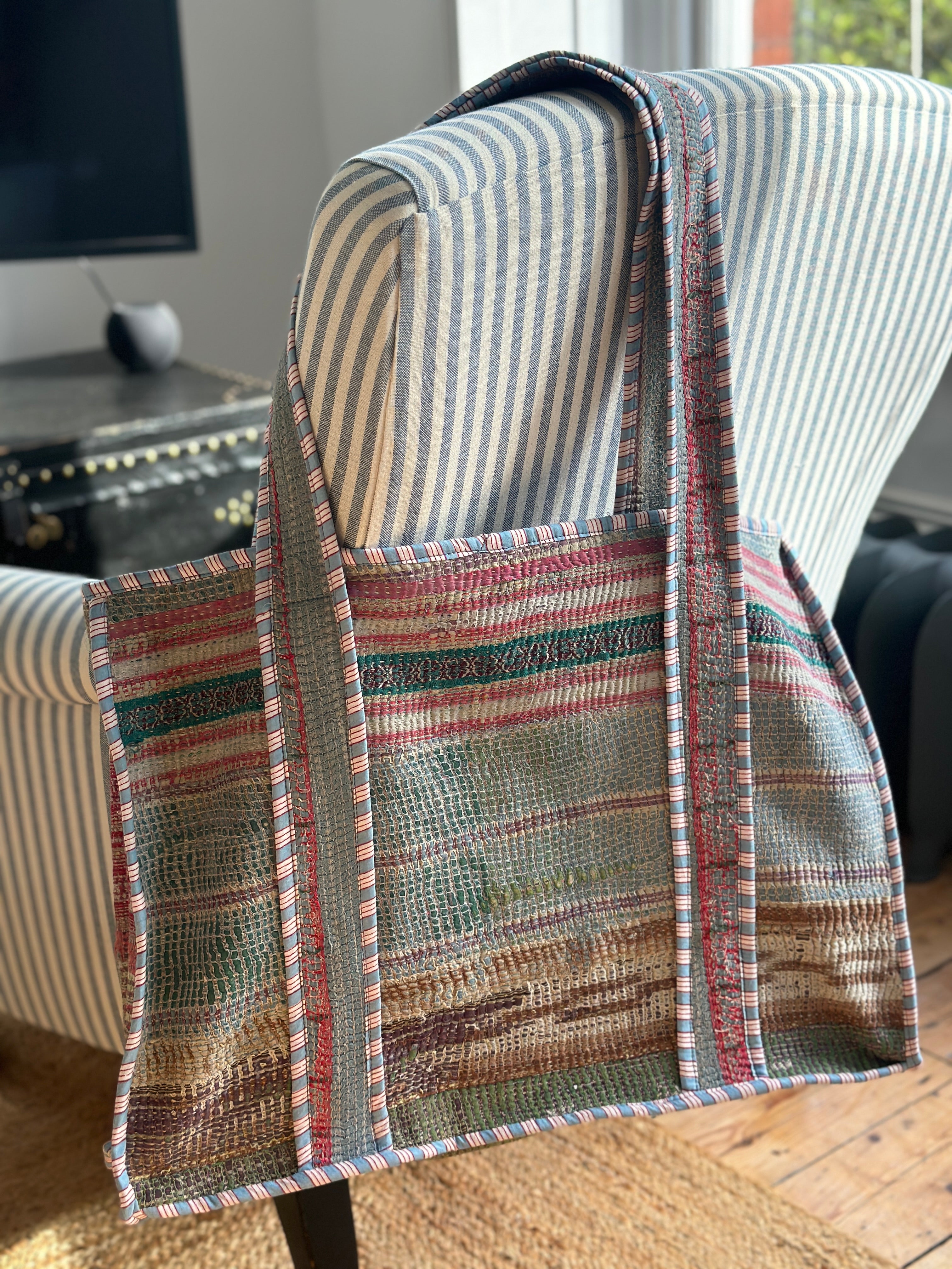 Vintage Indian Kantha Totes with Stripy Piping