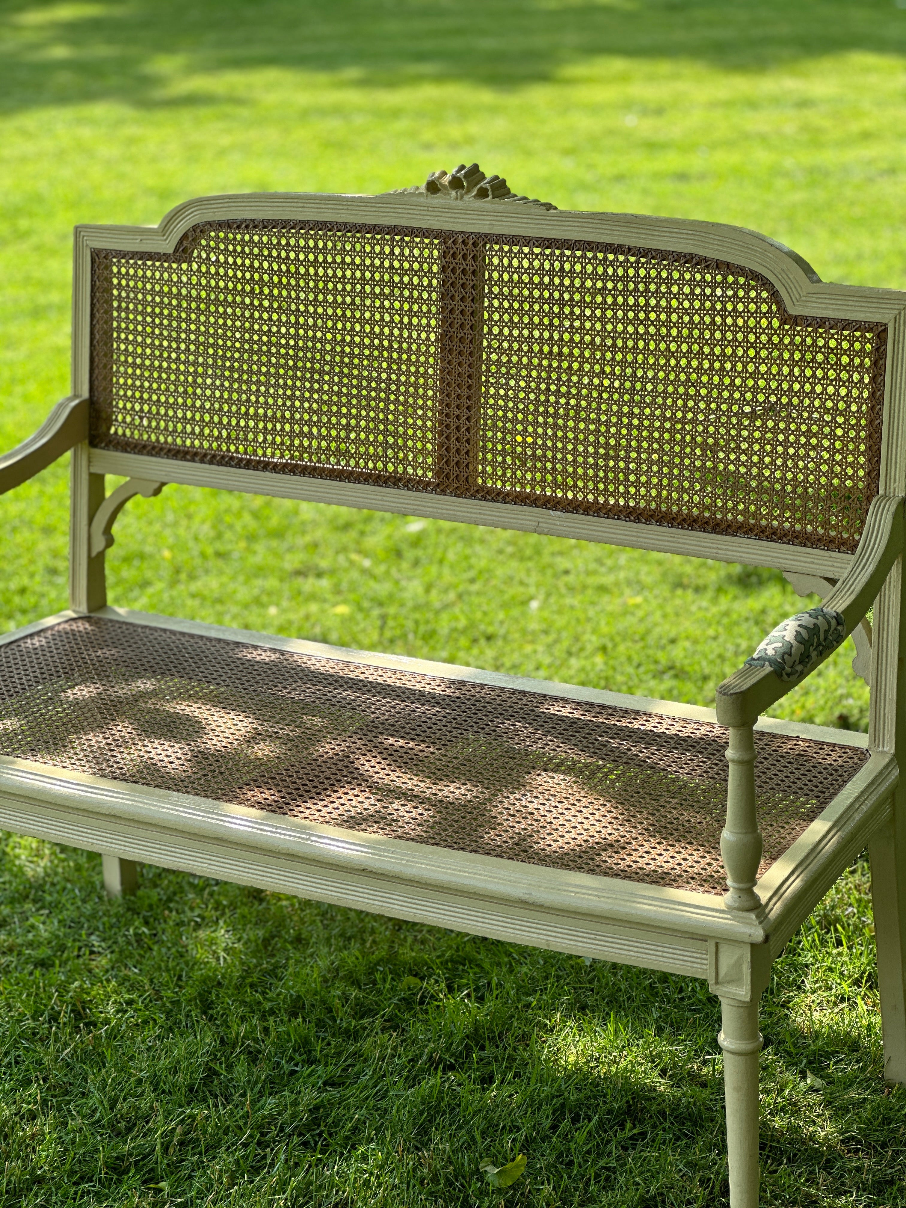 19th Century Cane Bench with Cushion with Colefax & Fowler Squiggle Fabric