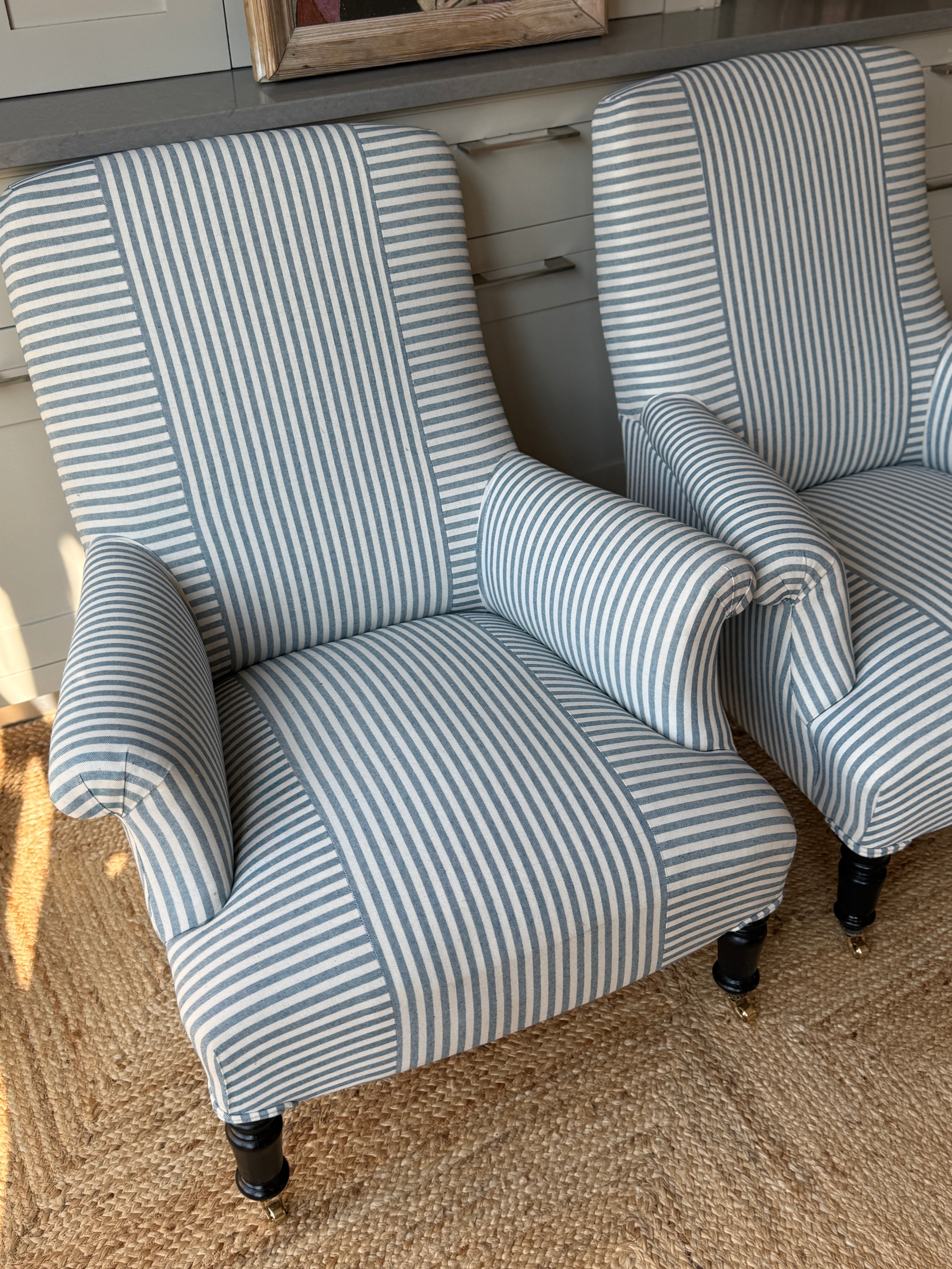 Pair of French Armchairs in Blue & White Ticking with Criss Cross Design