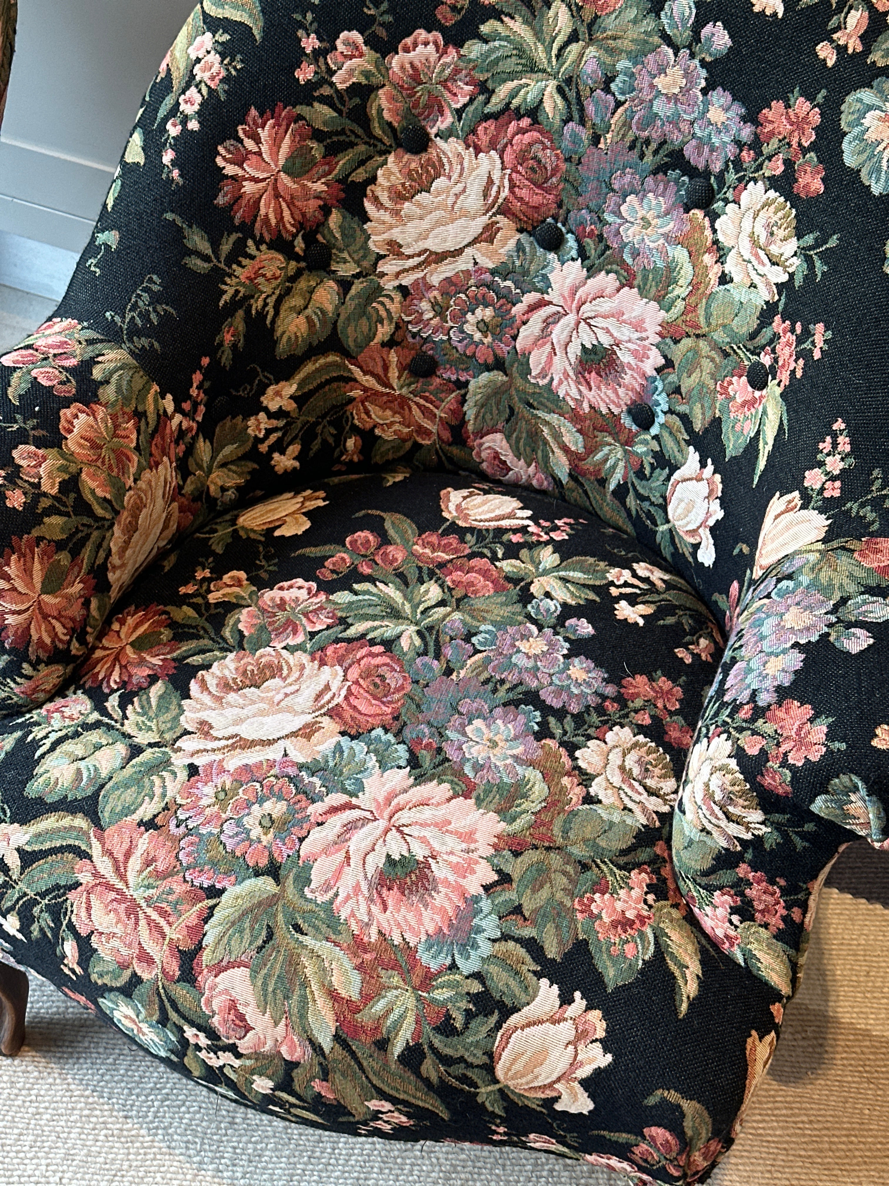 Pair of French 🇫🇷 Tub Chairs with original black floral tapestry fabric.