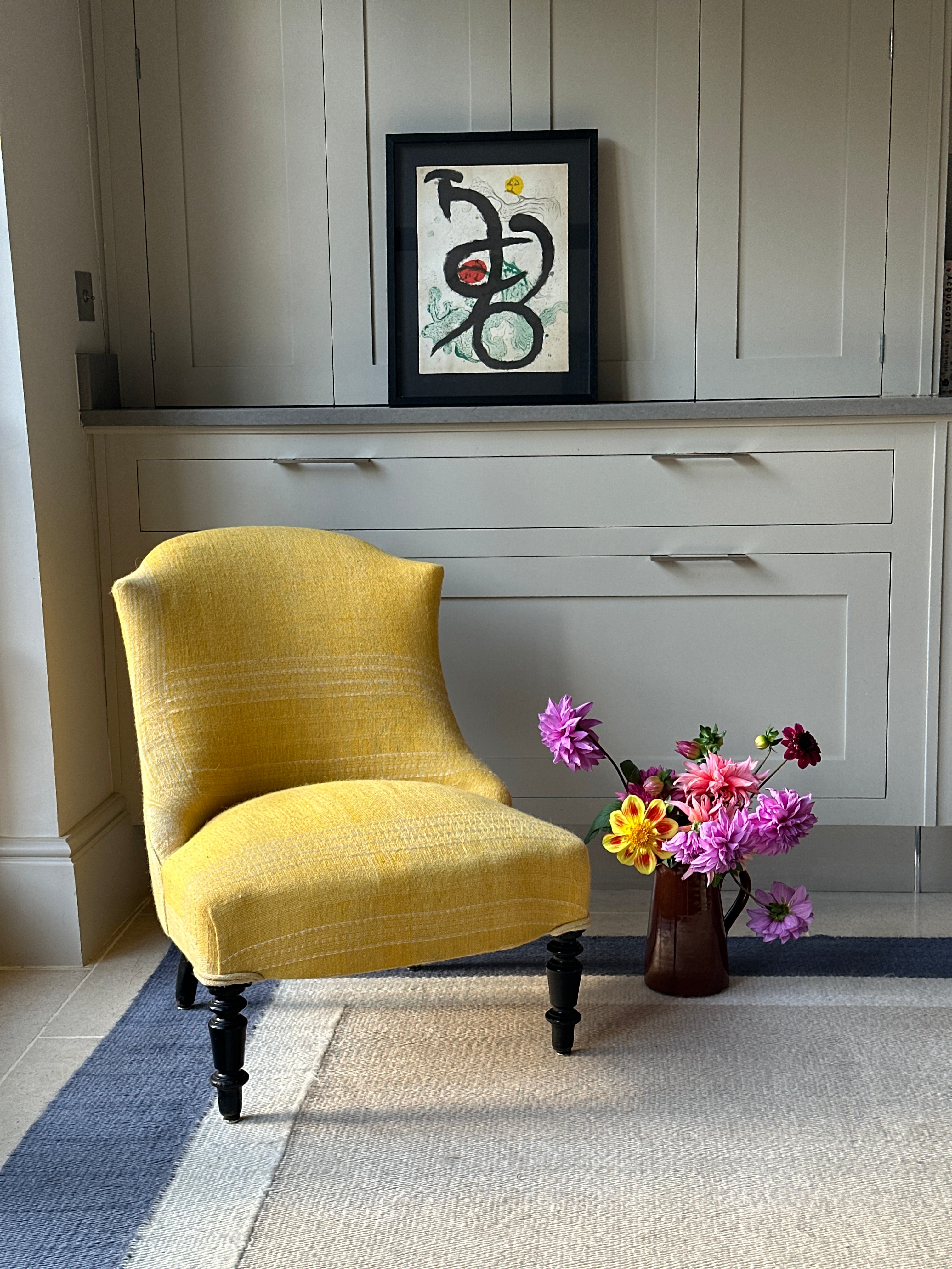 French Slipper Chair in vintage yellow Indian Camel Wool textile