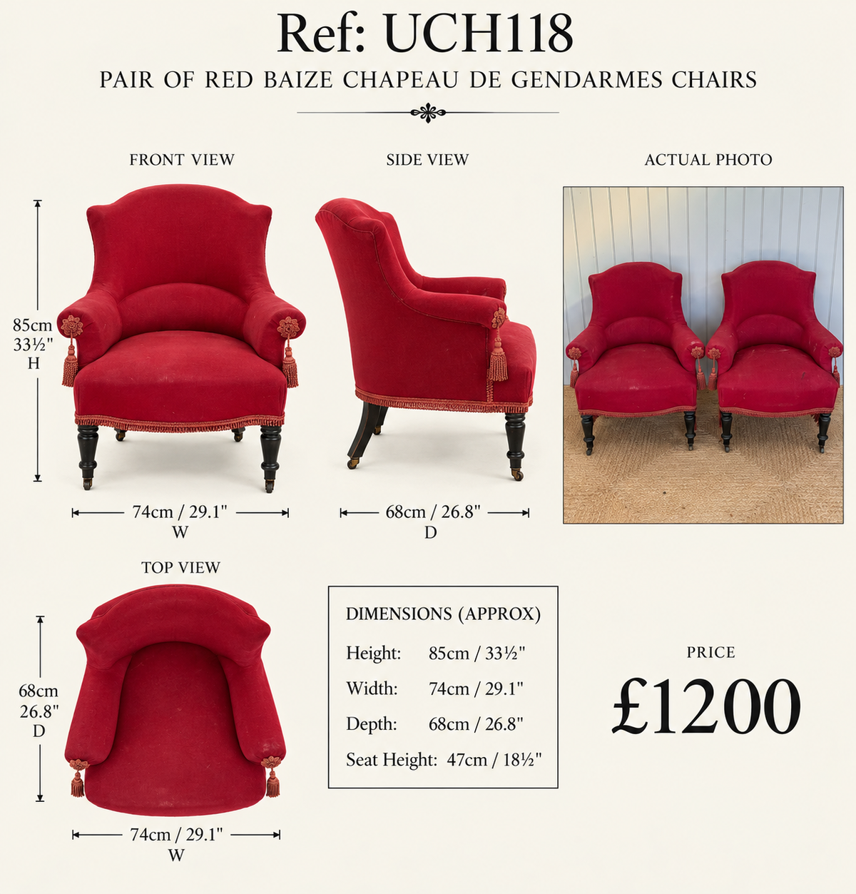 Pair of Red Baise Chapeau de Gendarmes Armchairs — specification