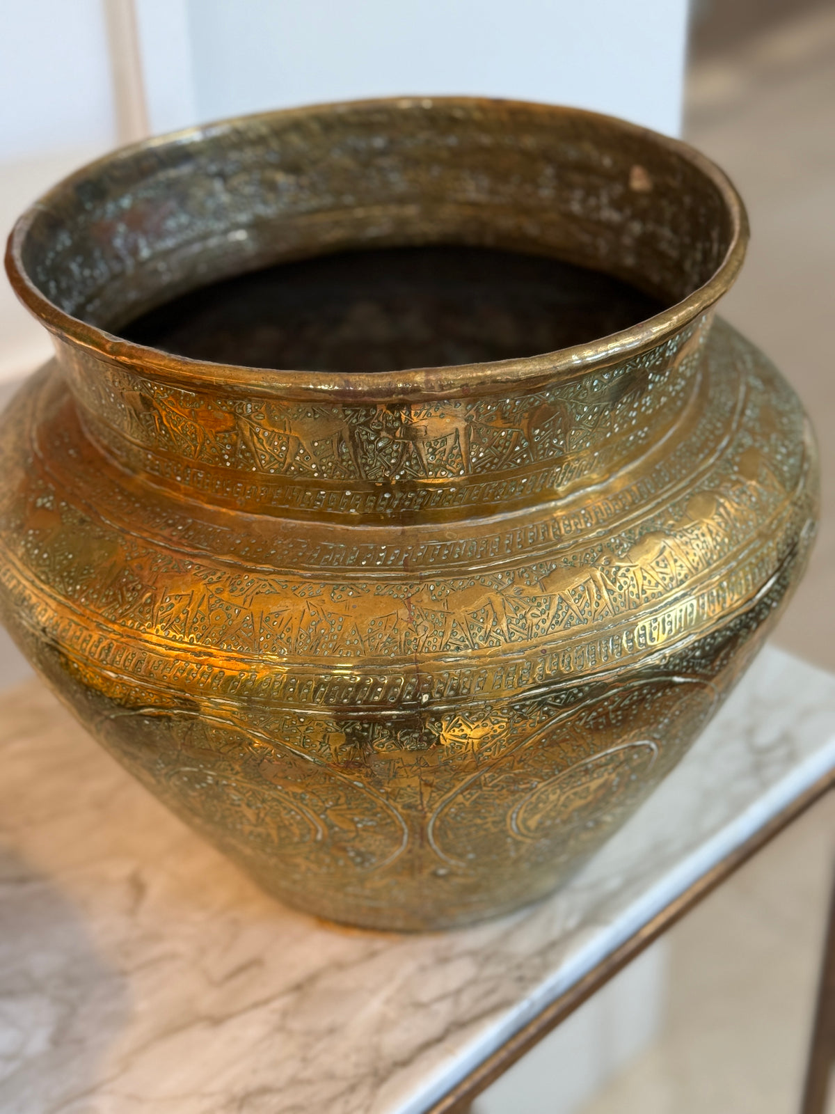Antique Engraved Brass Jardinière, Middle Eastern Mamluk Revival Style