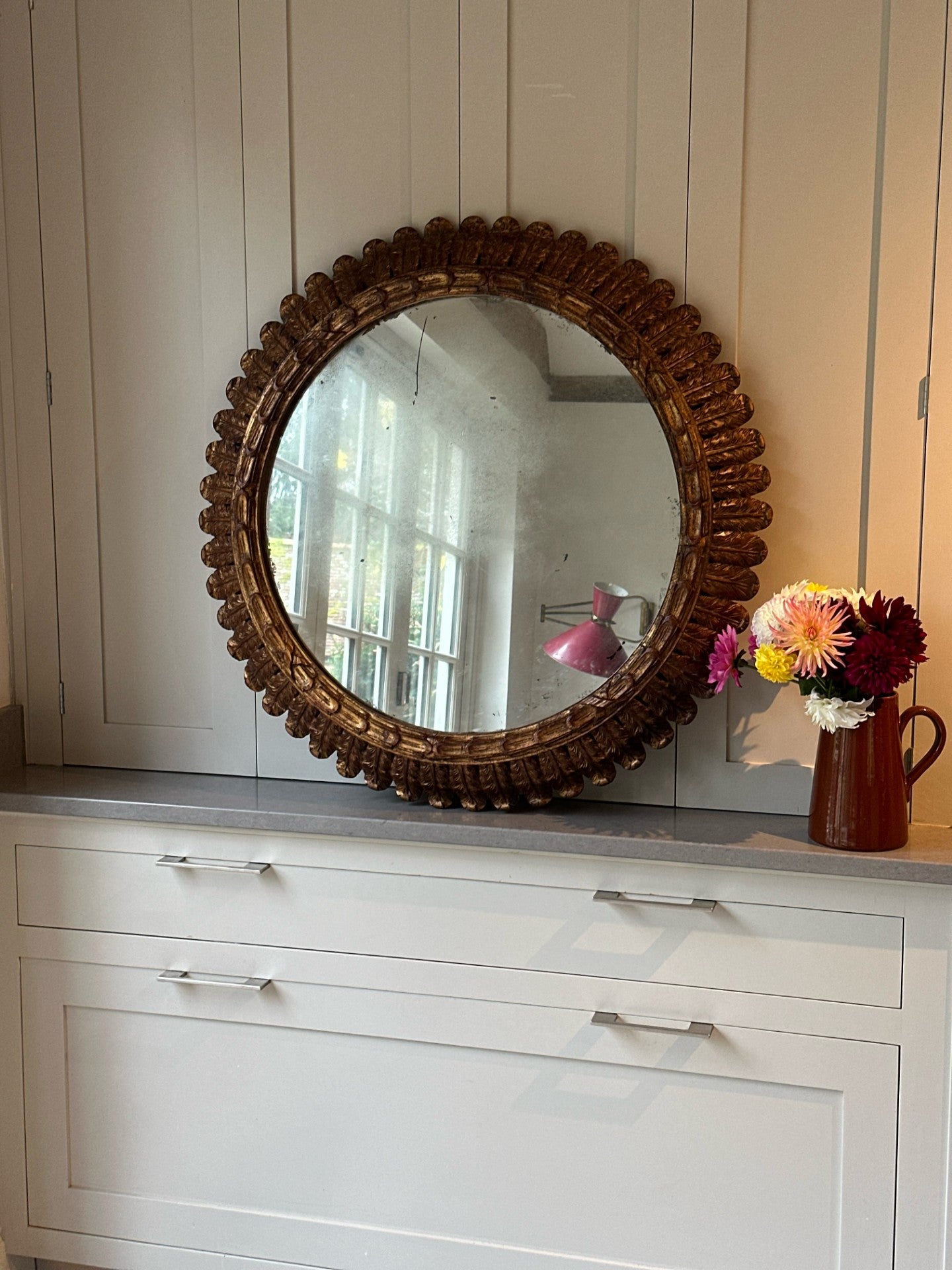 Large Round Spanish Antique Carved Wood Mirror