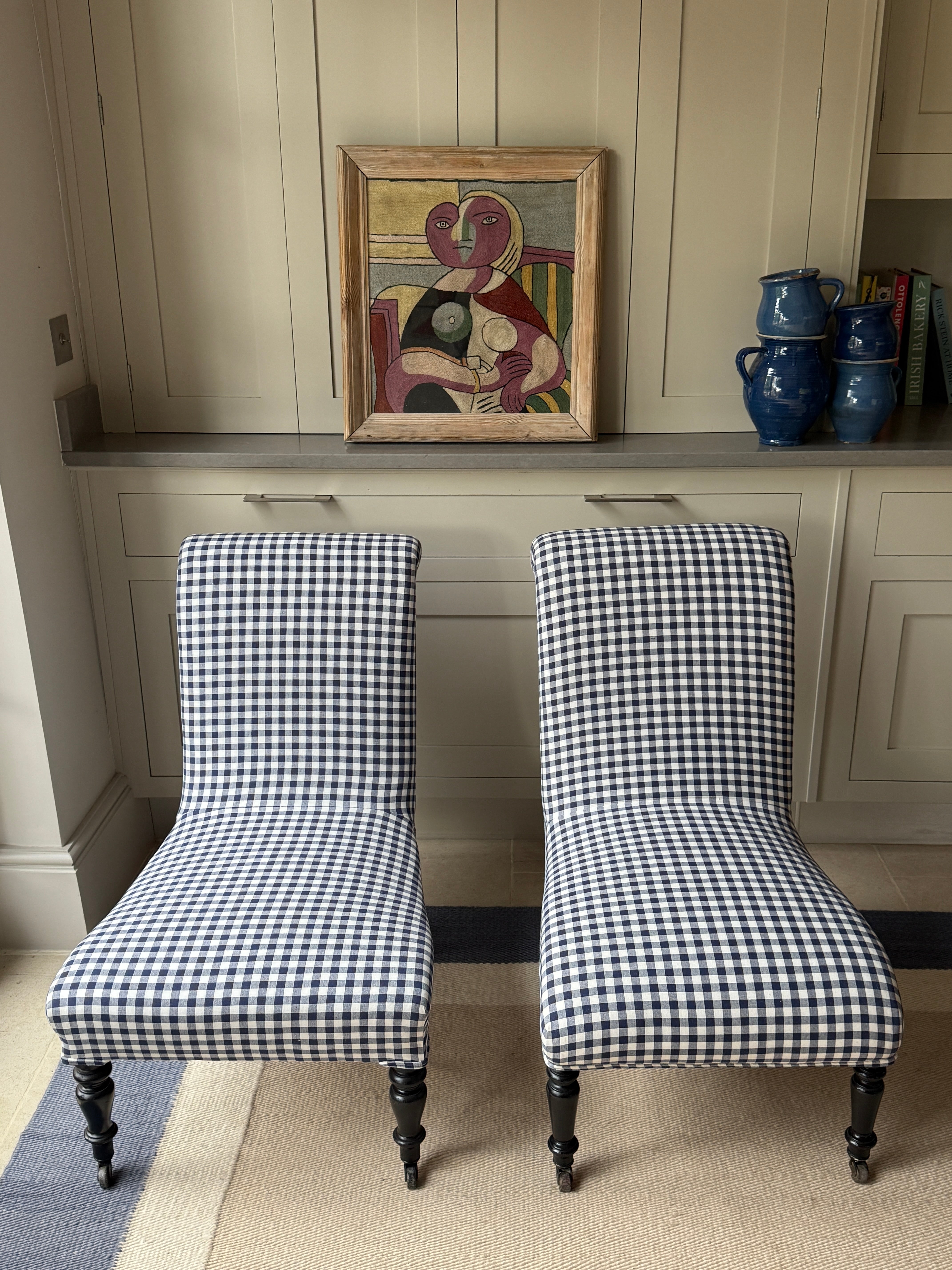 Pair of Non Identical Scroll back Slipper Chairs in Navy Gingham