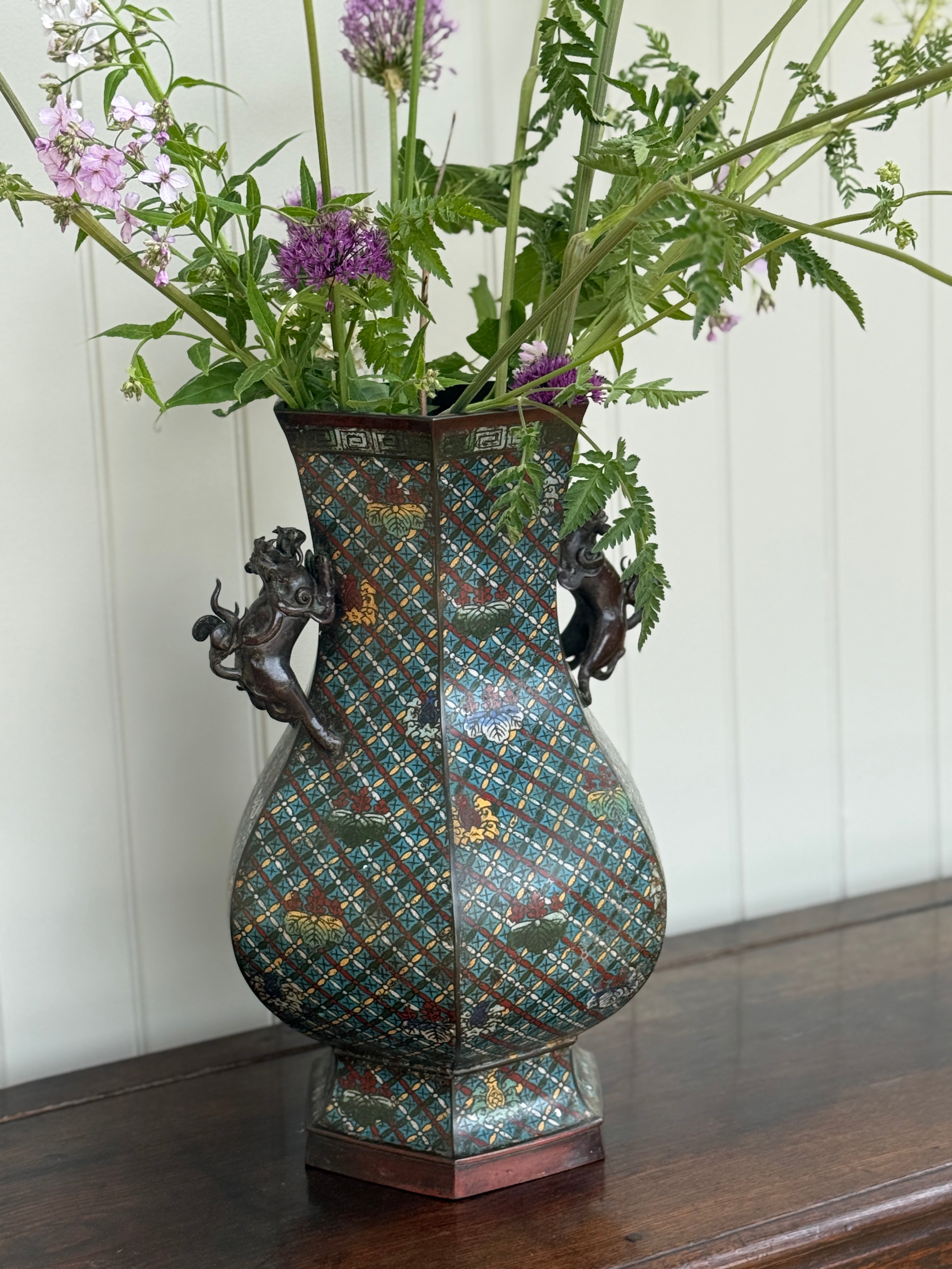 Chinese Cloisonné Hexagonal hu-form vase -Qing Dynasty