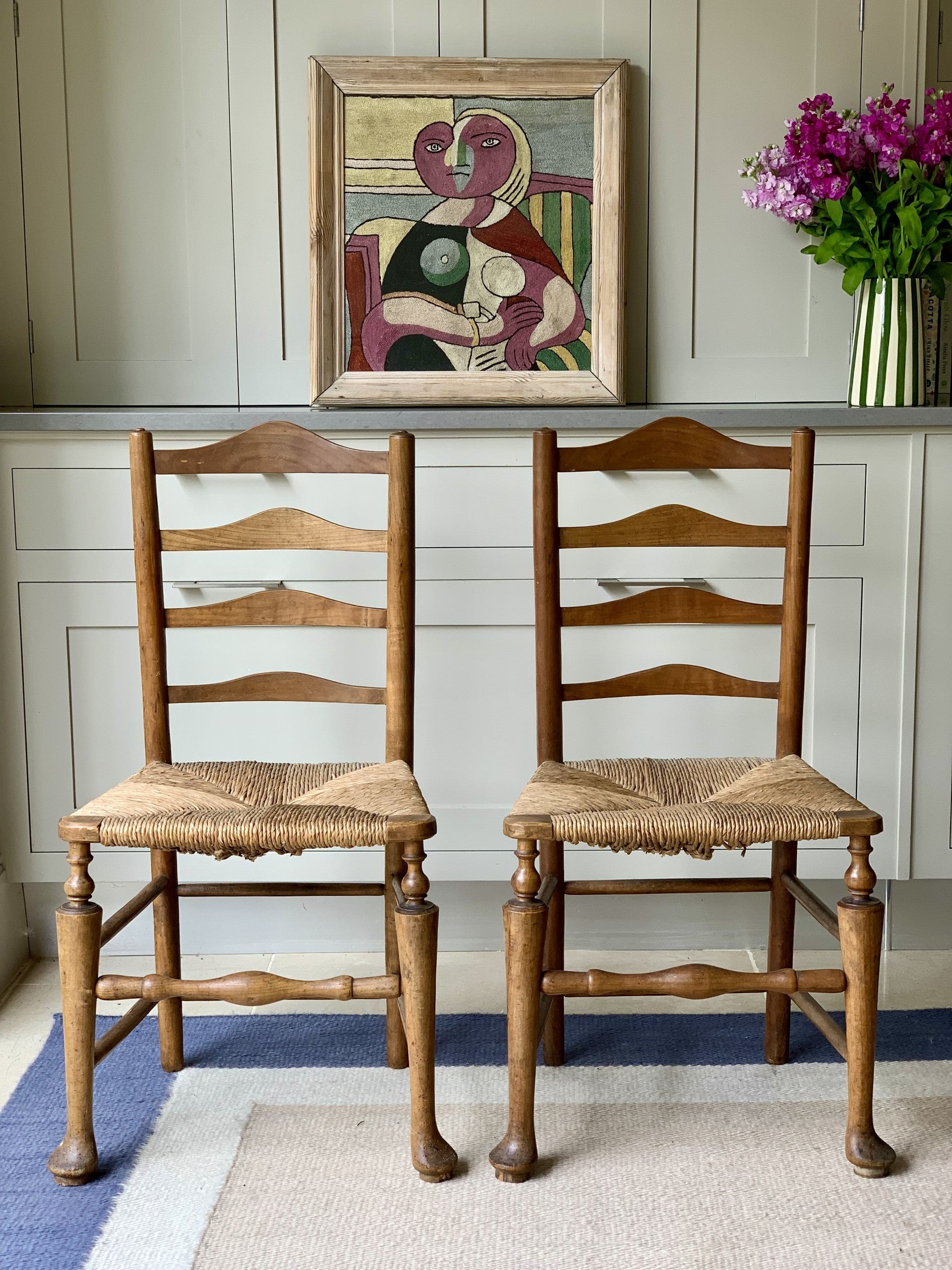 Lovely Pair of French Fruitwood and Rush Seats Chairs