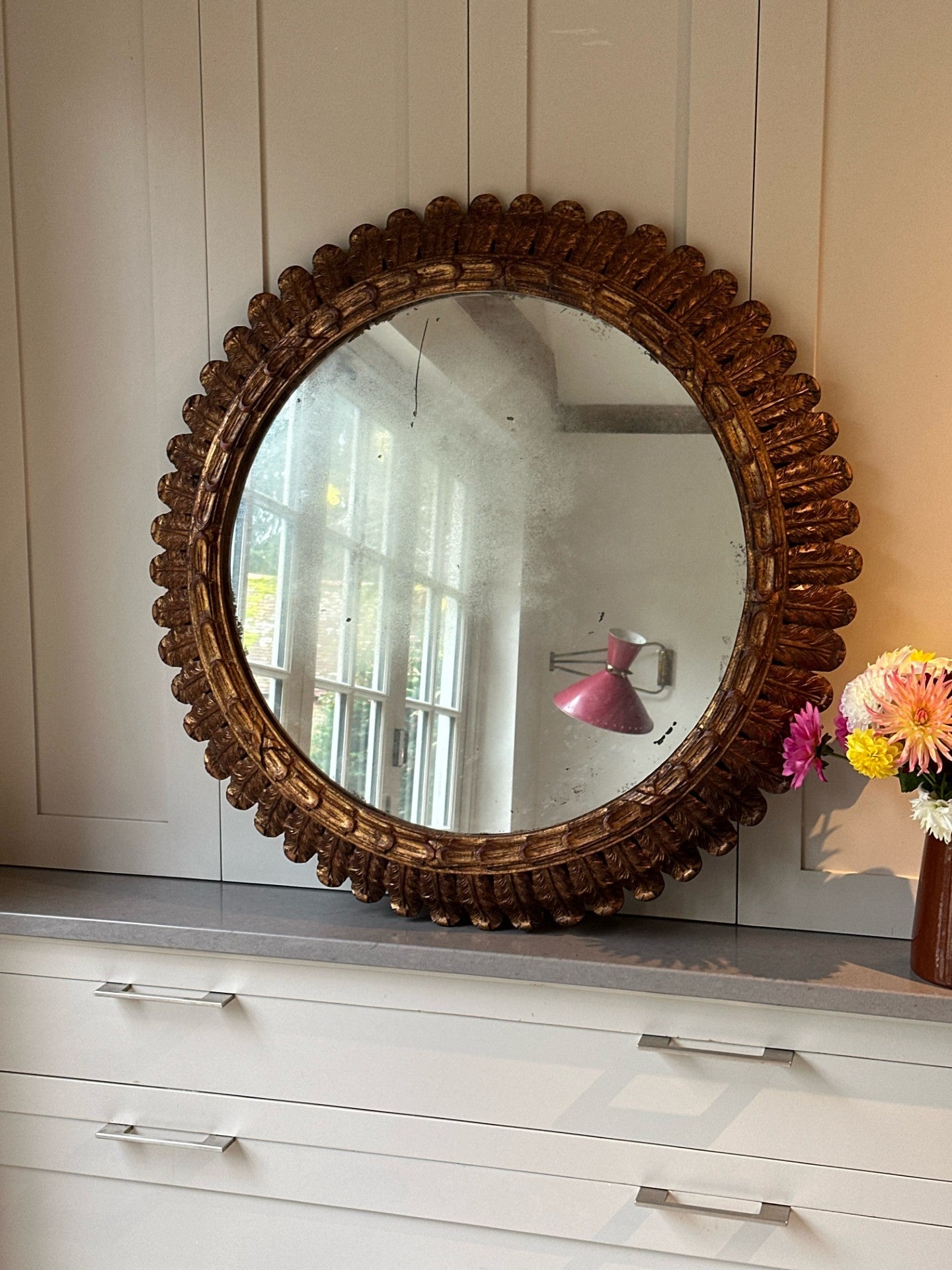 Large Round Spanish Antique Carved Wood Mirror