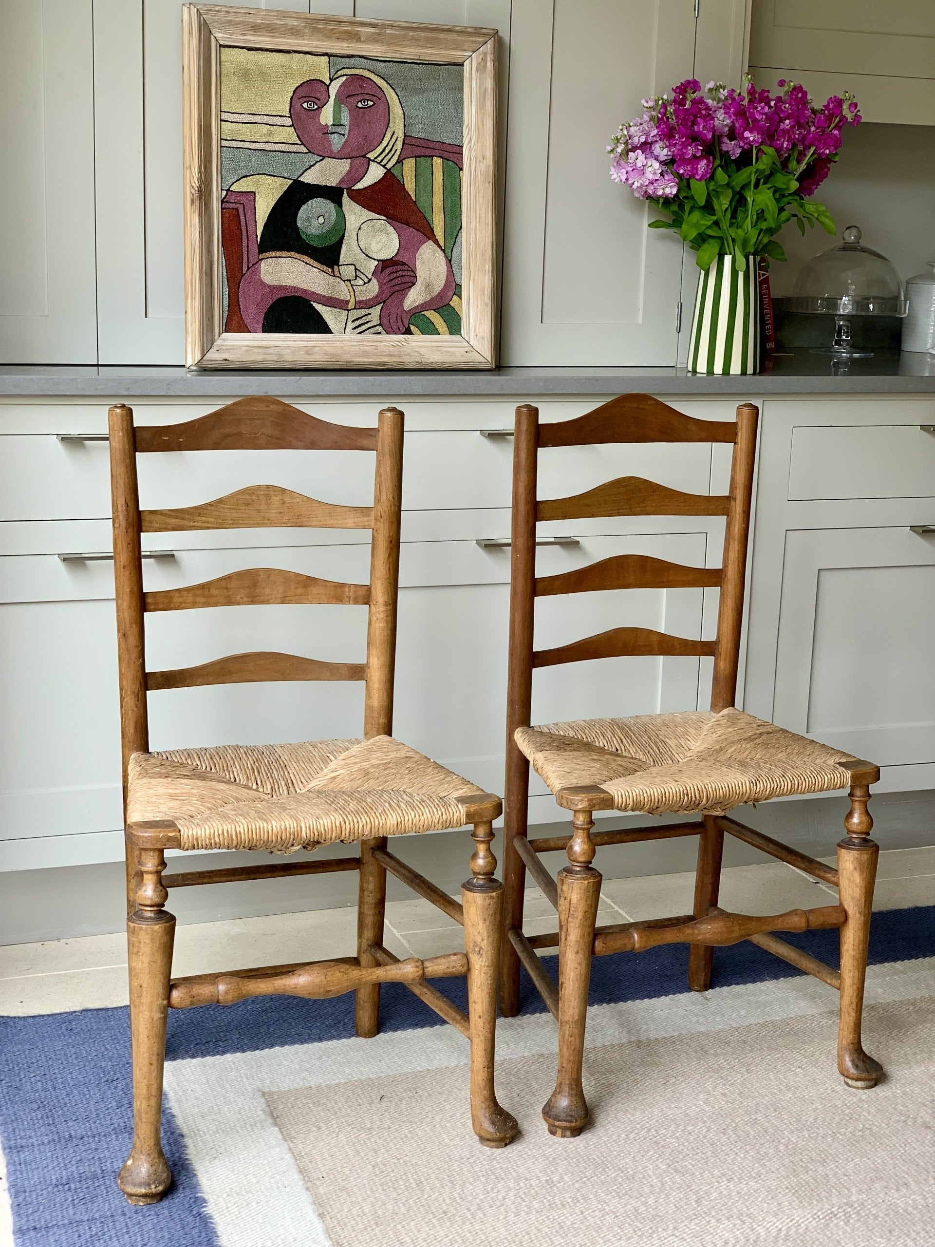 Lovely Pair of French Fruitwood and Rush Seats Chairs