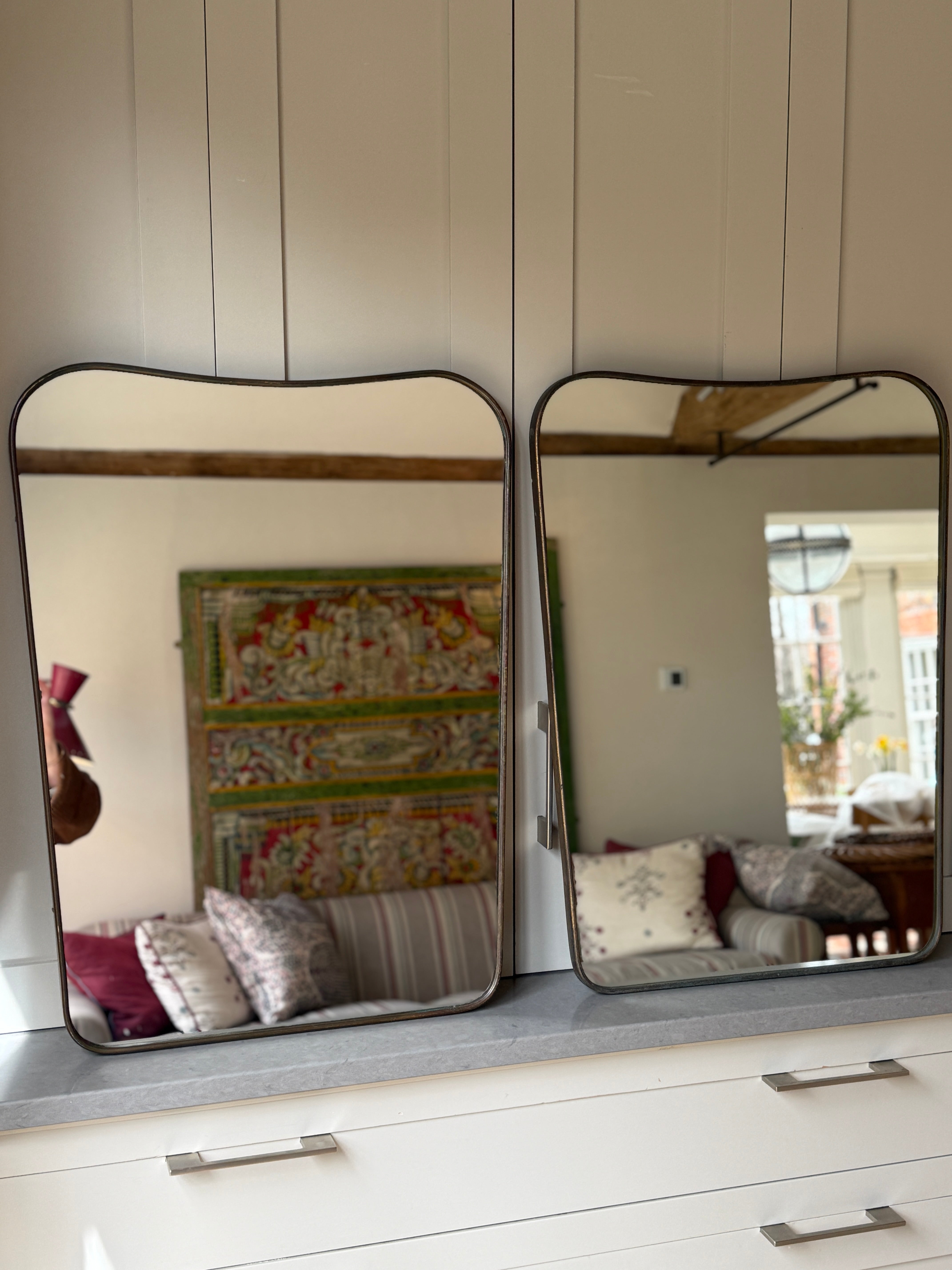 Rare Pair of Italian Brass Shield Mirrors - Circa 1950