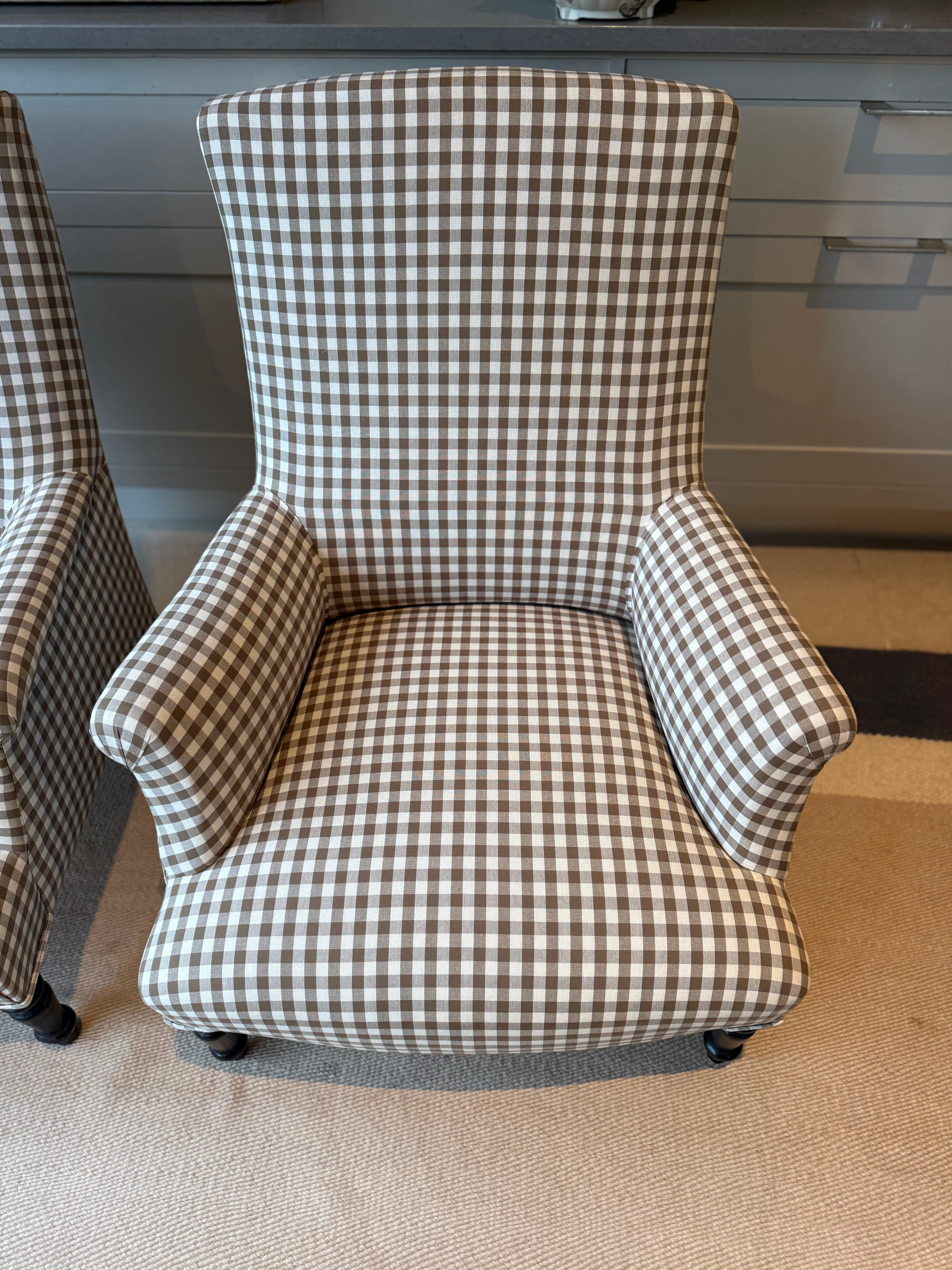 Pair of French Squareback Chairs in Brown Gingham