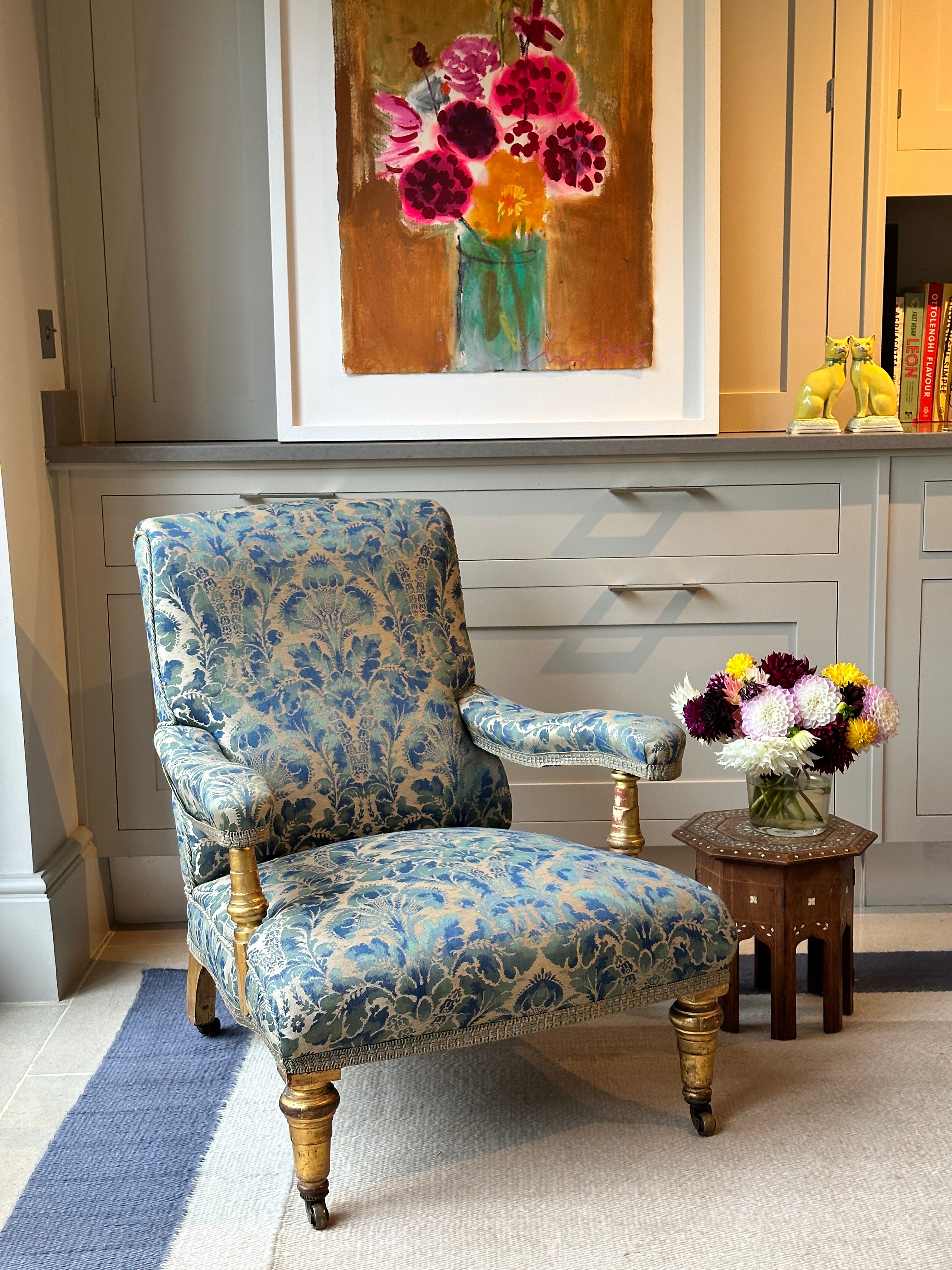 Country House Open Armchair in original blue damask.