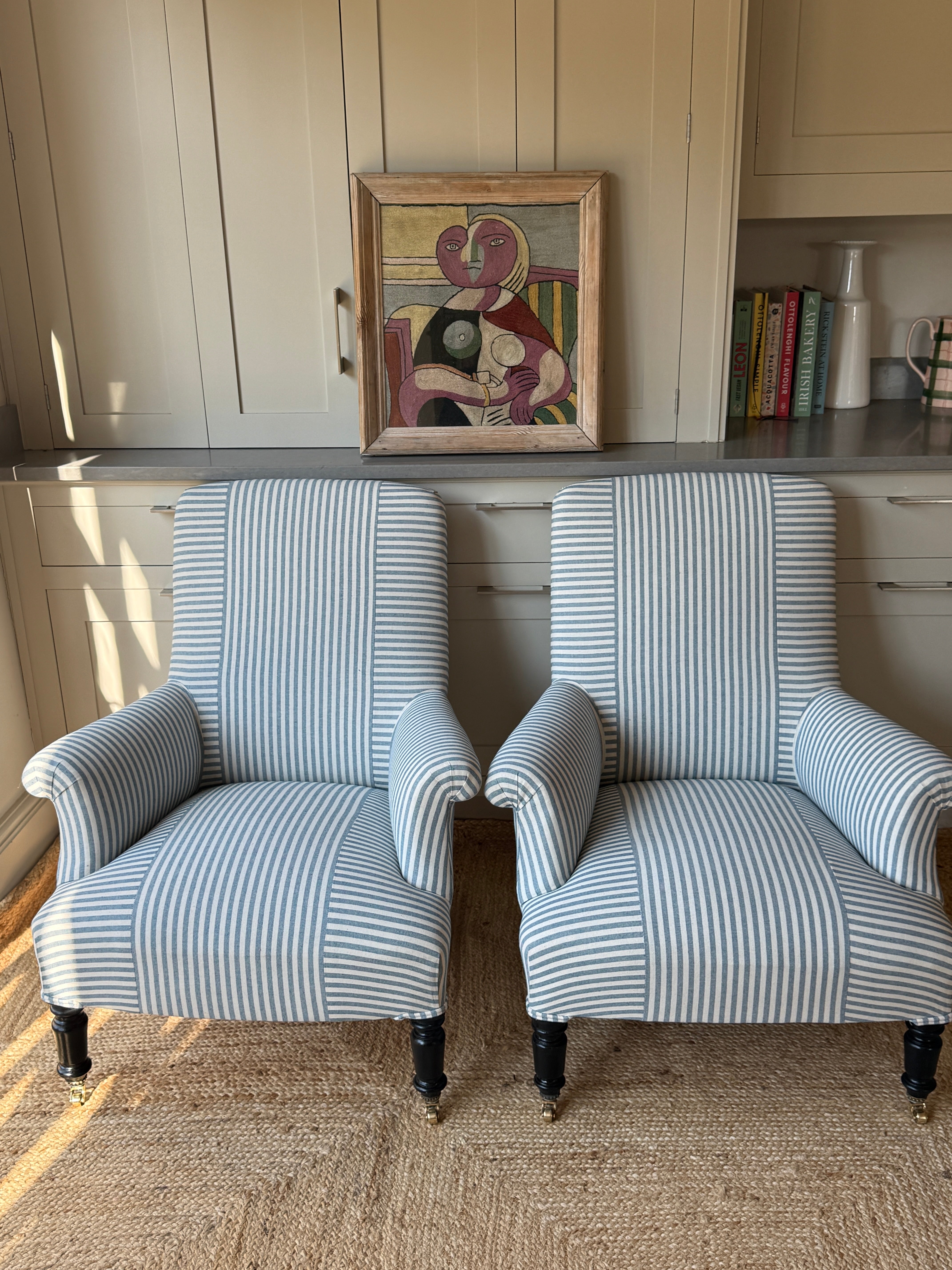 Pair of French Armchairs in Blue & White Ticking with Criss Cross Design