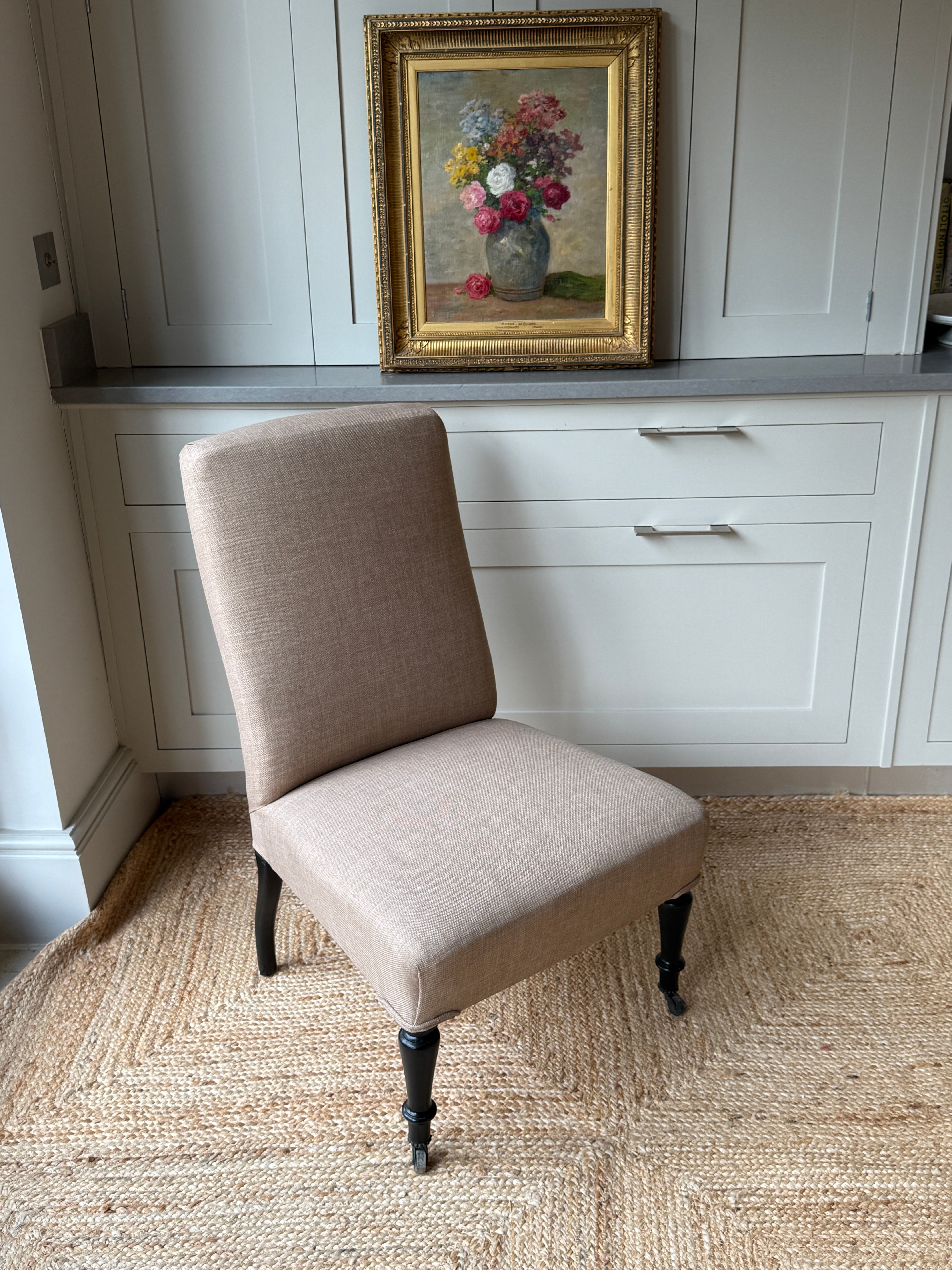 Late 19th Century Slipper Chair in heavy beige linen.