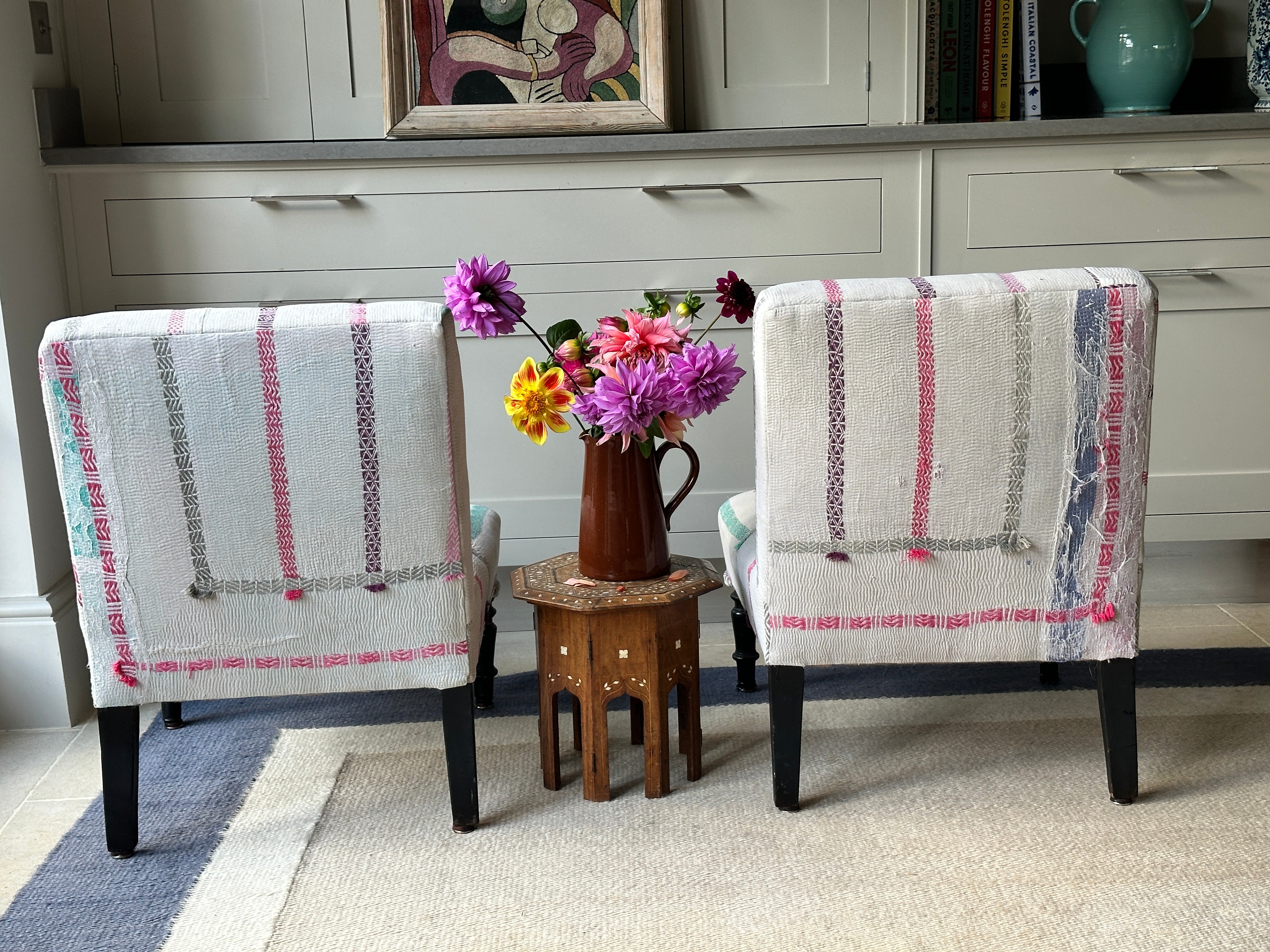 Sweet Pair of French Slipper Chairs in a Candy Striped Kantha