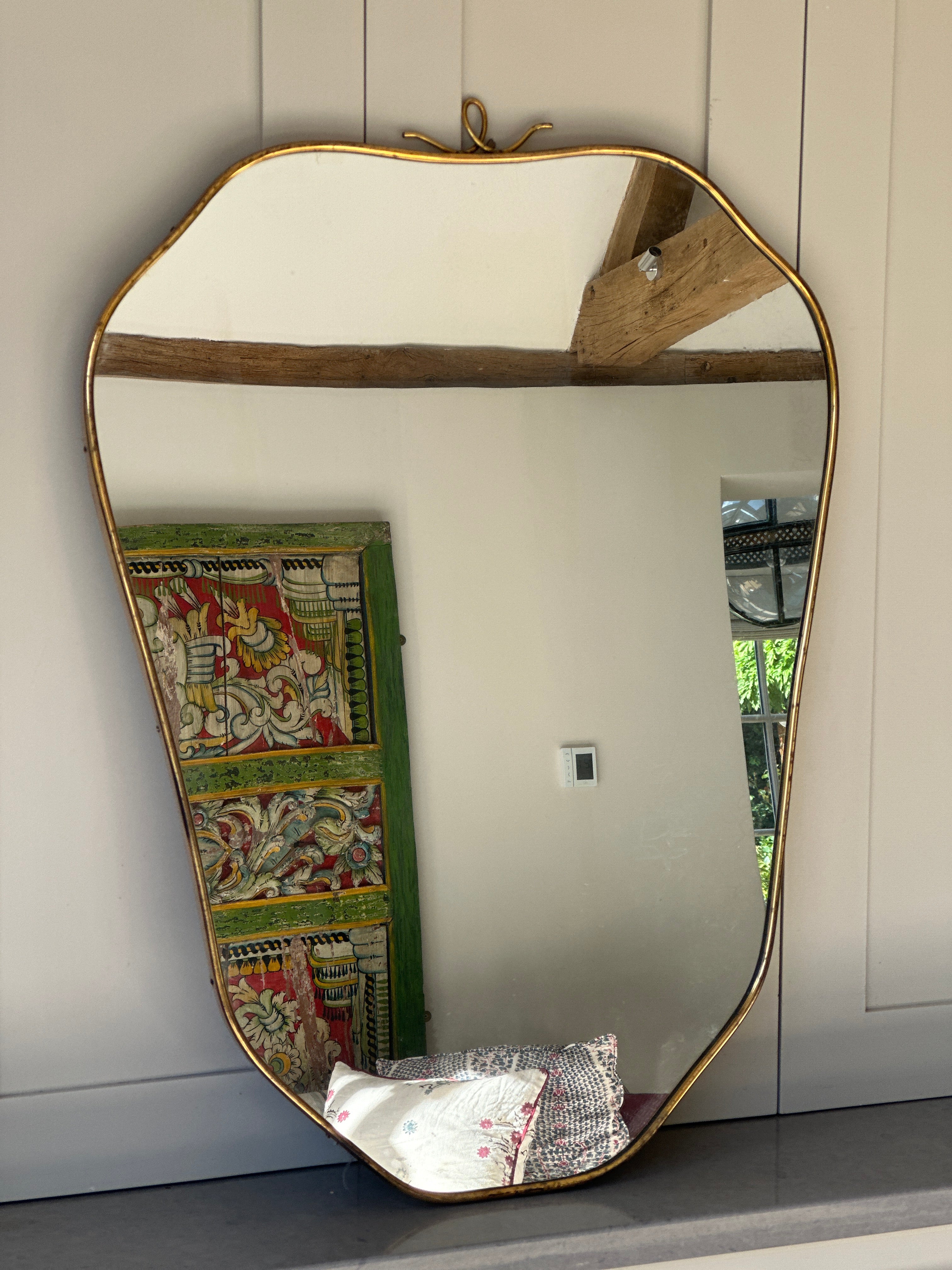 Italian Mid Century Brass Shield Mirror with Crest