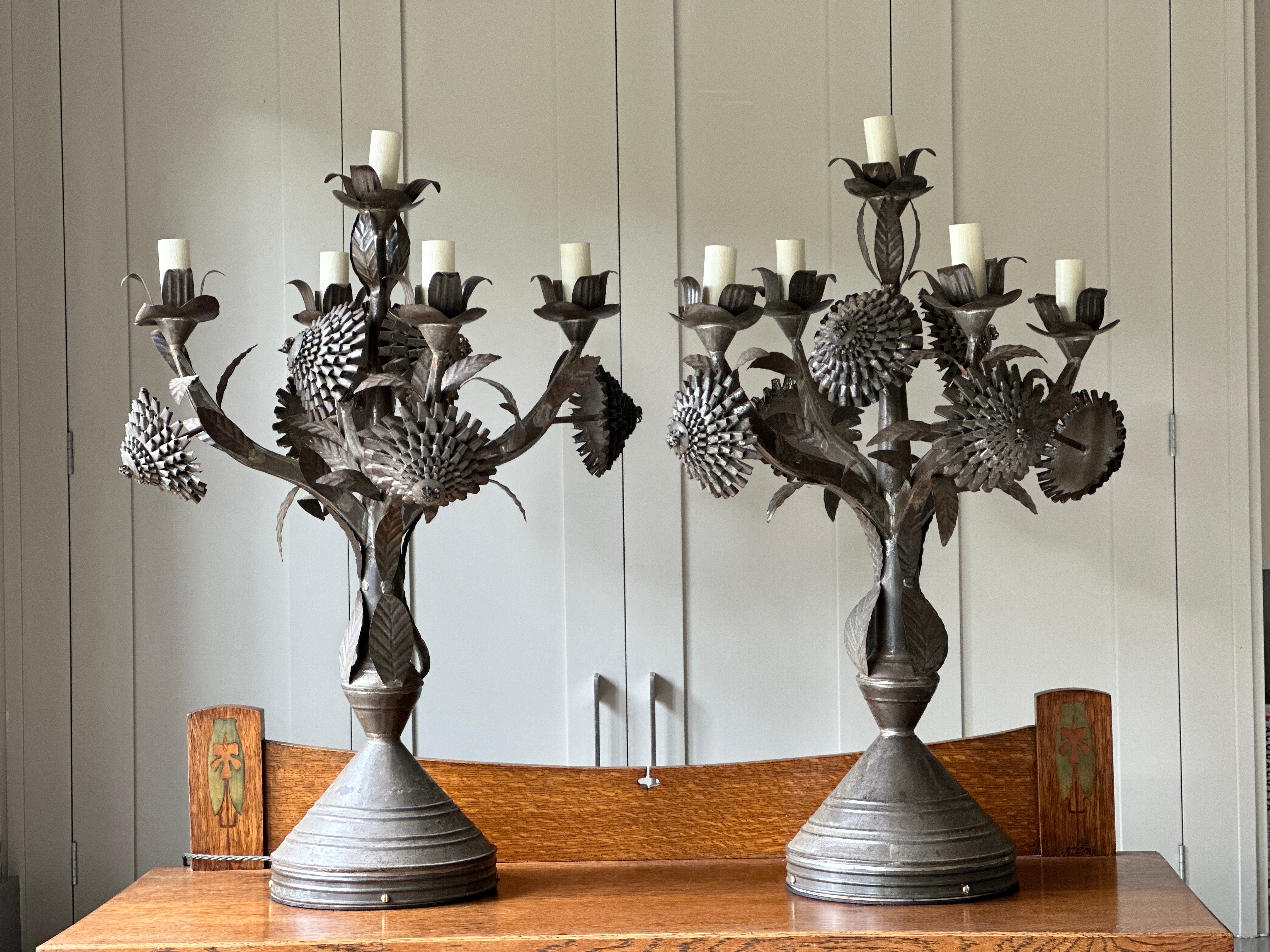 French Pair of Toleware Candelabra Table lamps