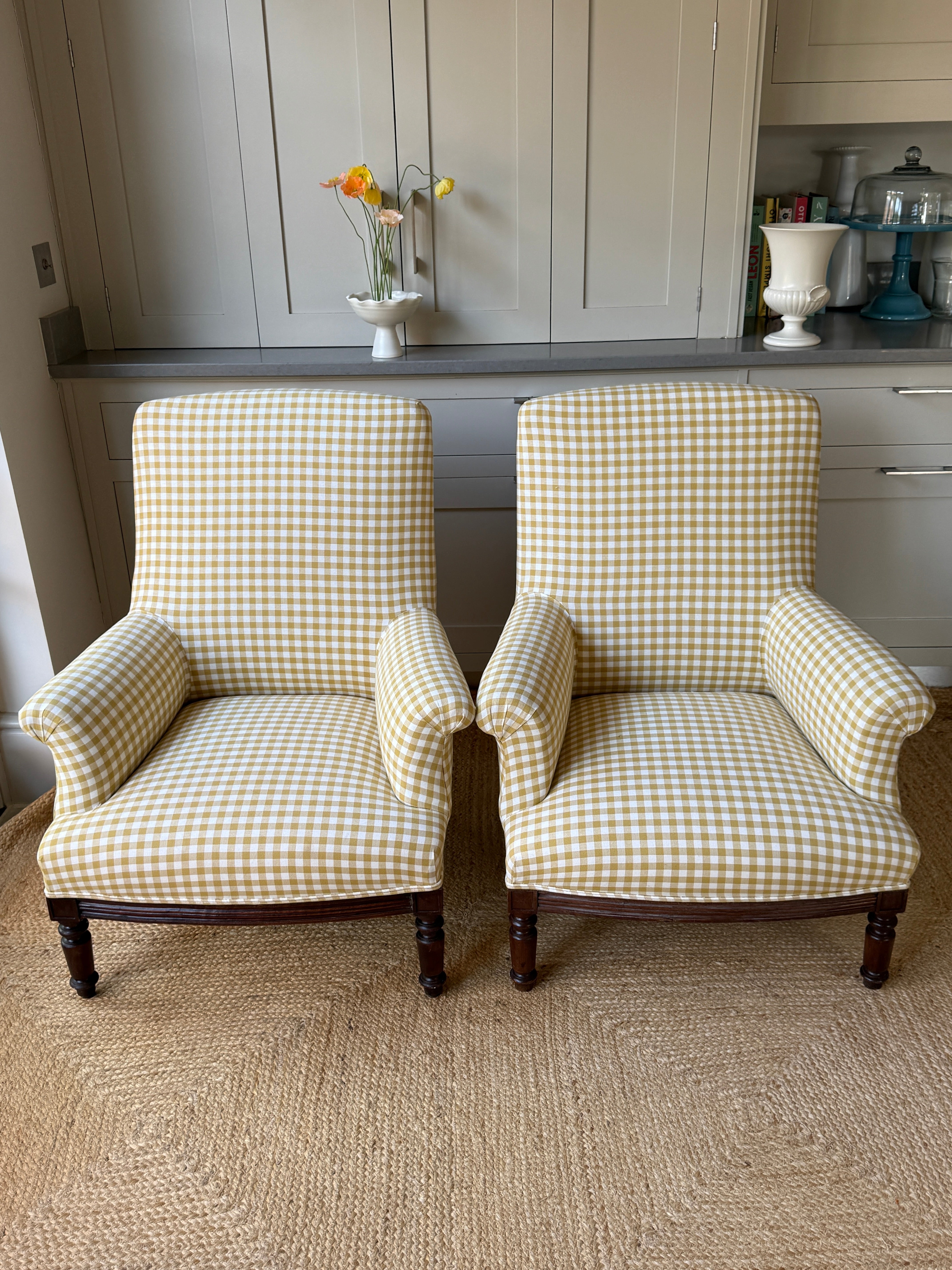A Pair of Napoleon III Armchairs, Reupholstered in Yellow Gingham