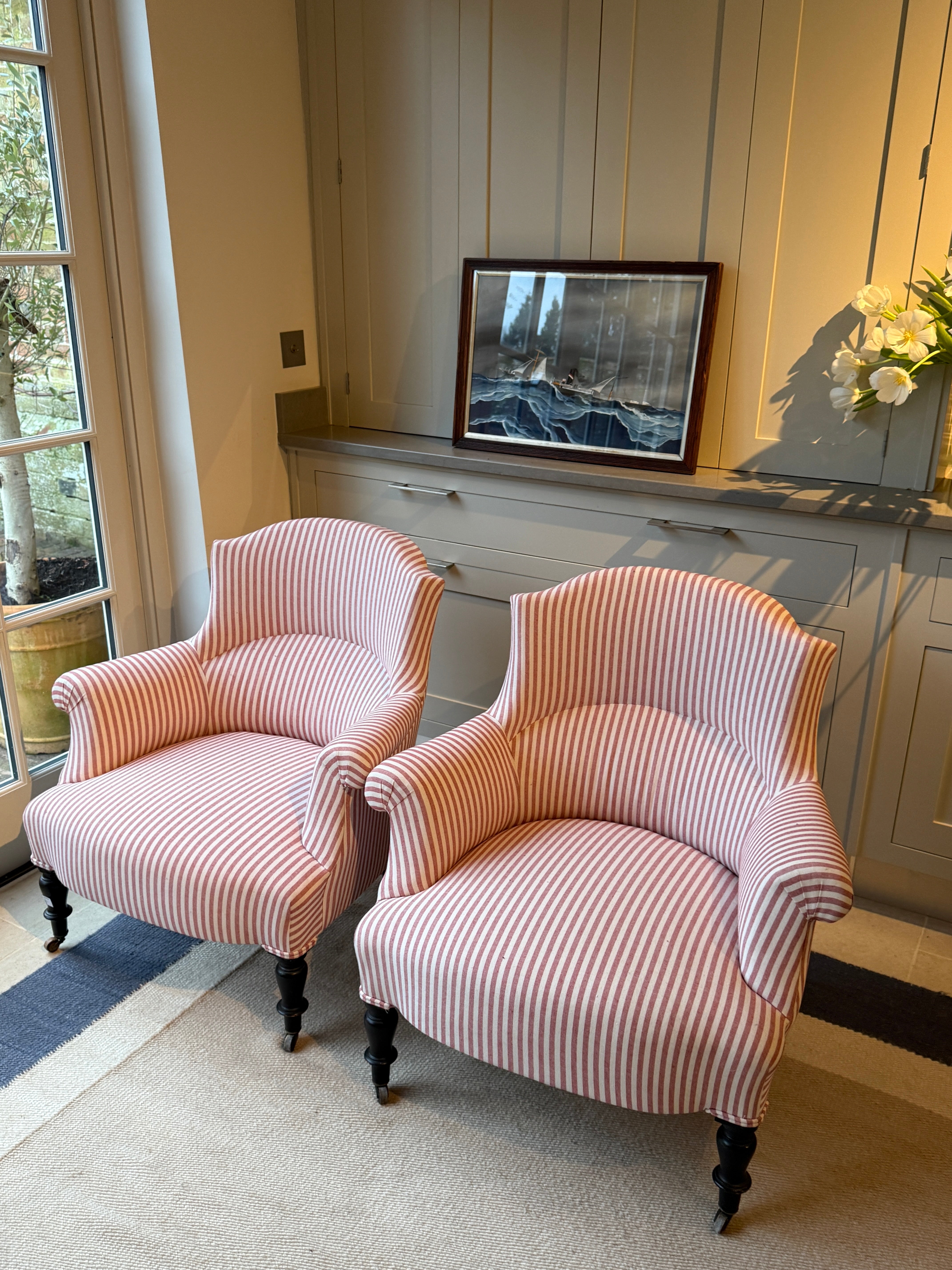 Pair Napoleon III Crapaud Chairs in Red and White Ticking