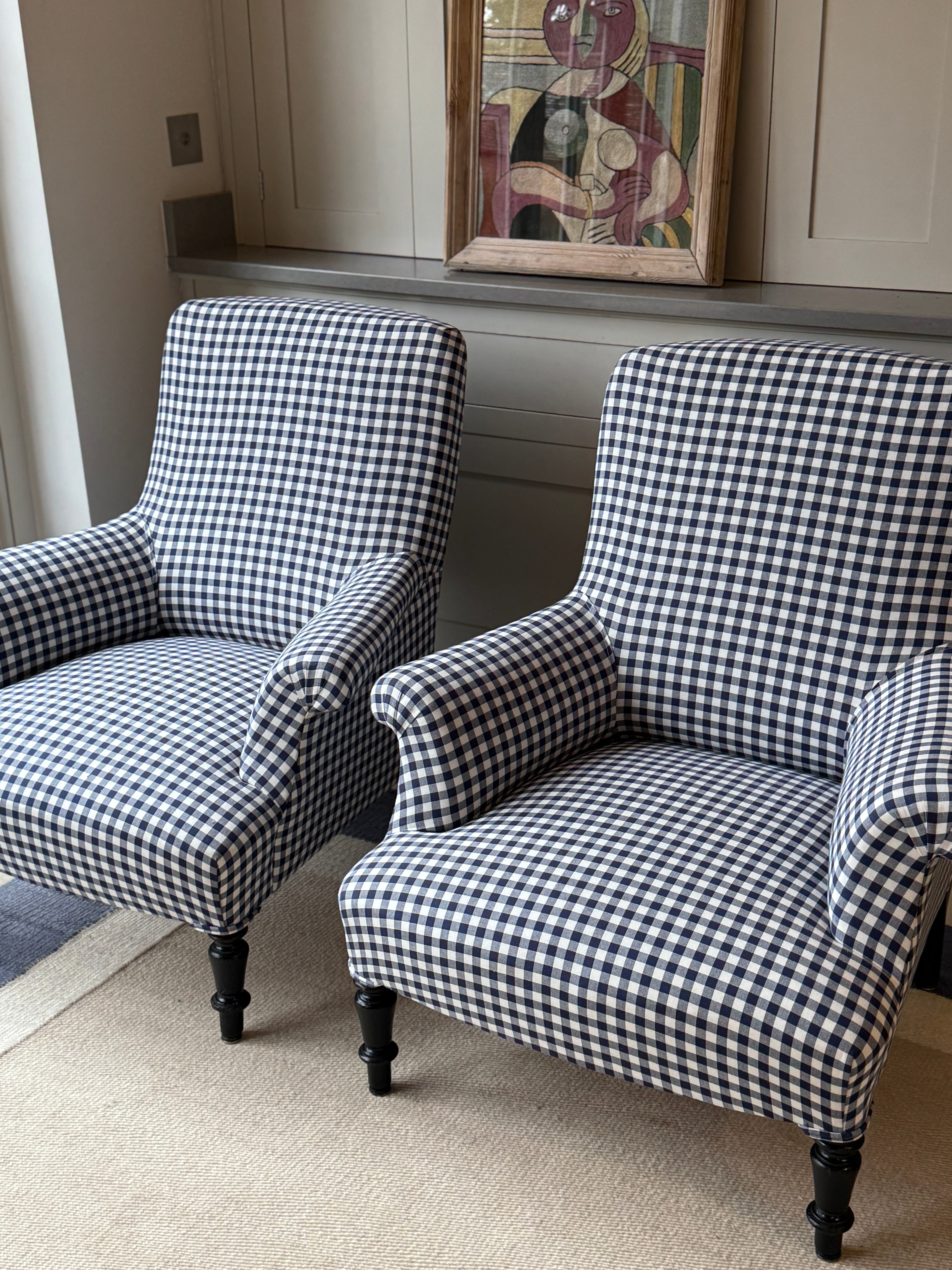 Pair of French Squareback Armchairs in Blue Gingham